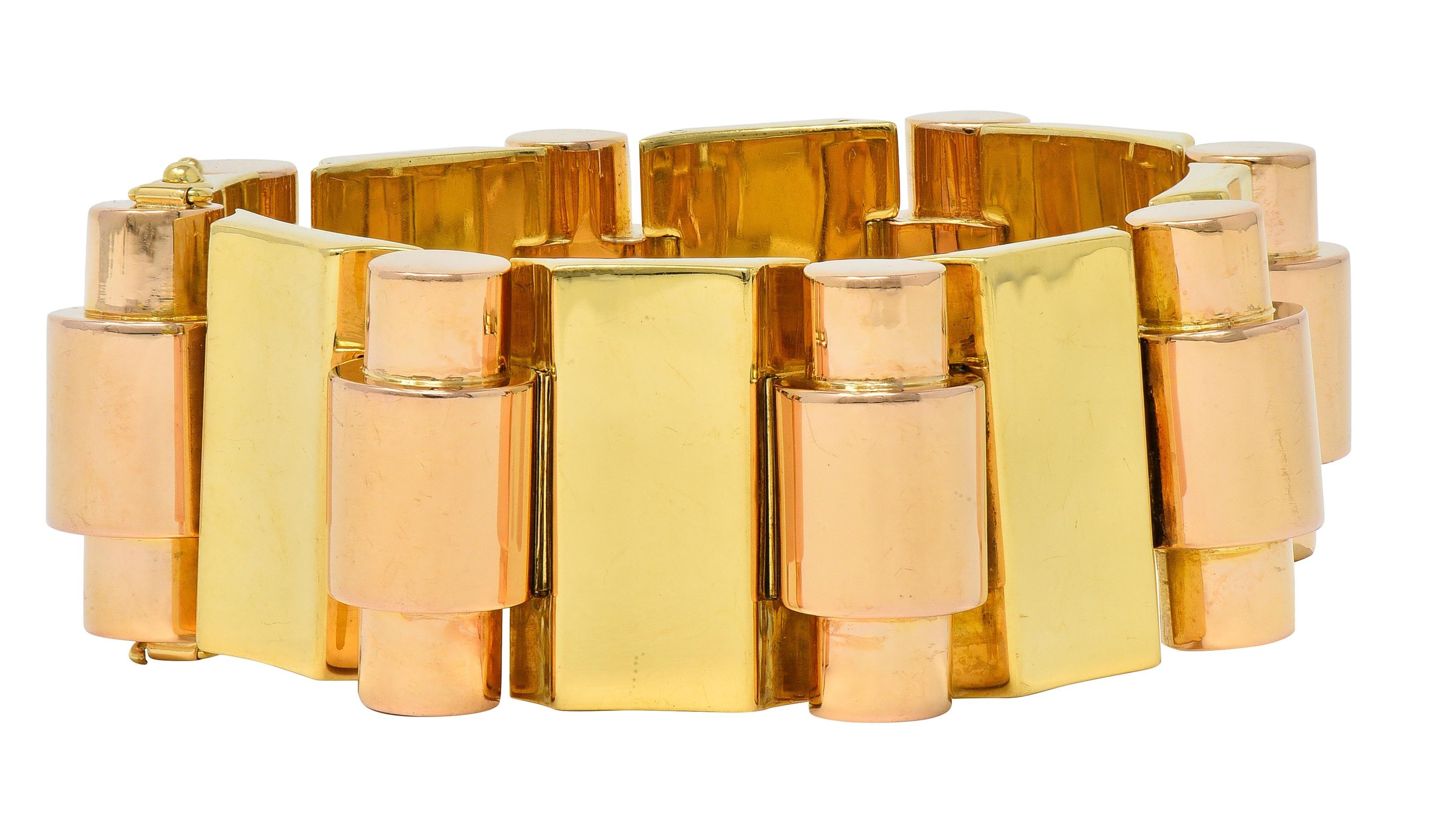Retro French 18 Karat zweifarbiges Gelb-Roségold Vintage Panzerarmband im Angebot 5