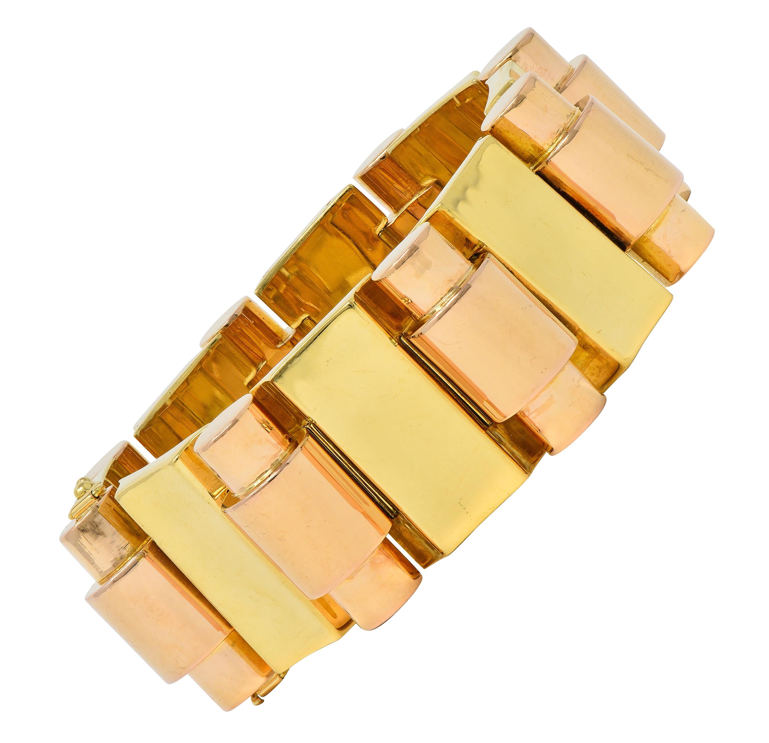 Retro French 18 Karat zweifarbiges Gelb-Roségold Vintage Panzerarmband im Angebot