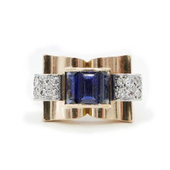 Retro French 18 Karat Yellow Gold Sapphire and Diamond Tank Ring