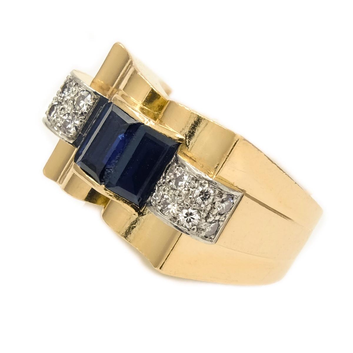 Old European Cut Retro French 18 Karat Yellow Gold Sapphire and Diamond Tank Ring For Sale