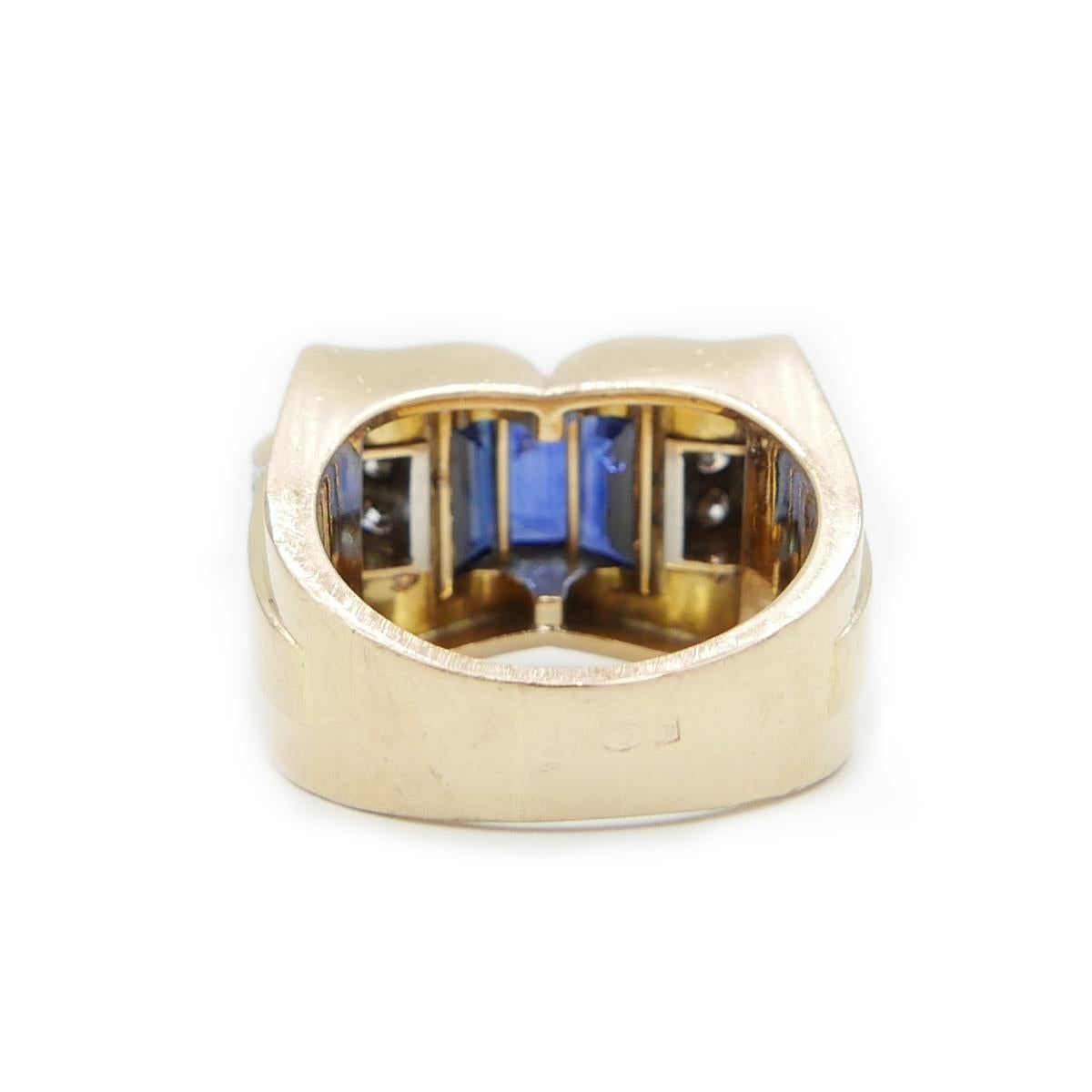 Women's or Men's Retro French 18 Karat Yellow Gold Sapphire and Diamond Tank Ring For Sale
