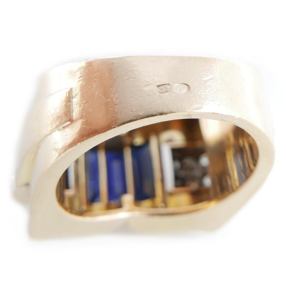 Retro French 18 Karat Yellow Gold Sapphire and Diamond Tank Ring For Sale 1