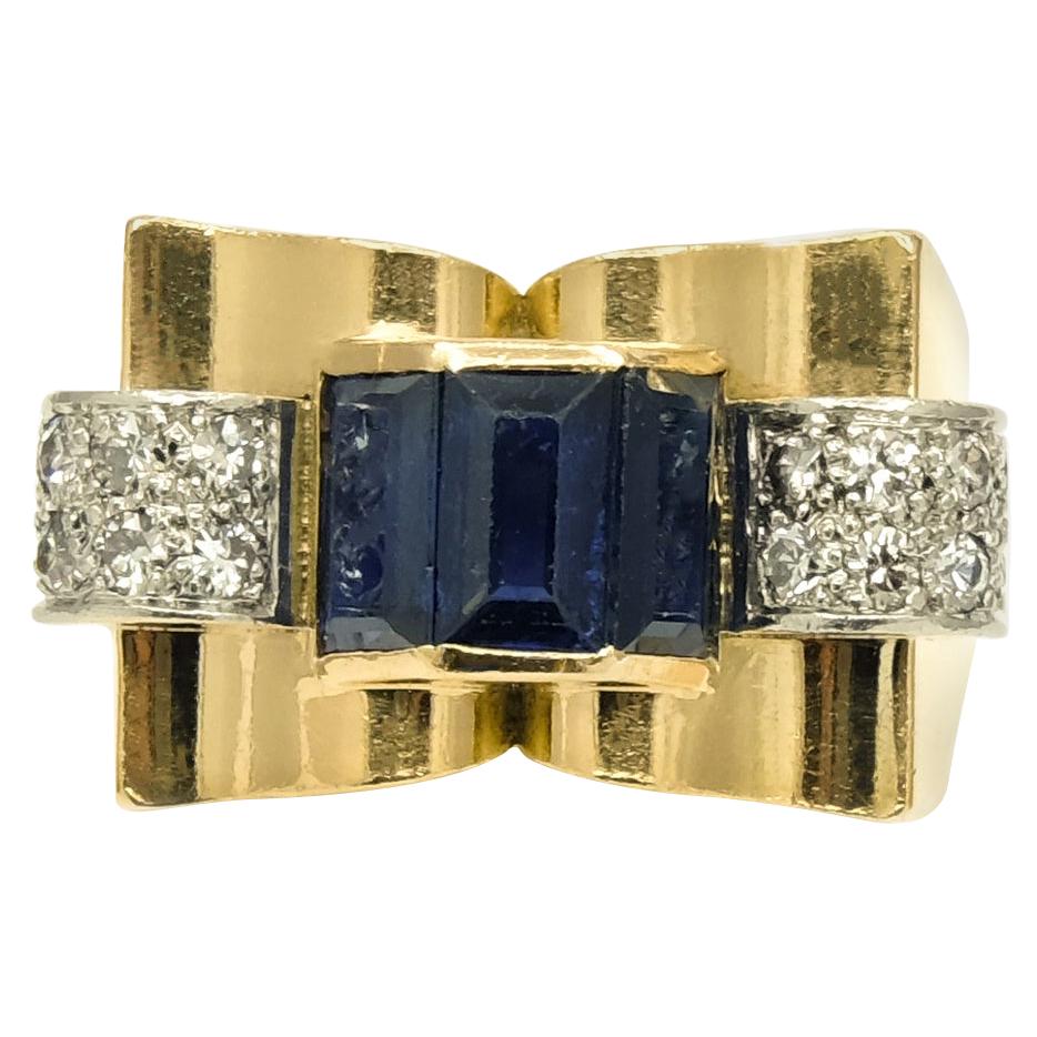Retro French 18 Karat Yellow Gold Sapphire and Diamond Tank Ring For Sale