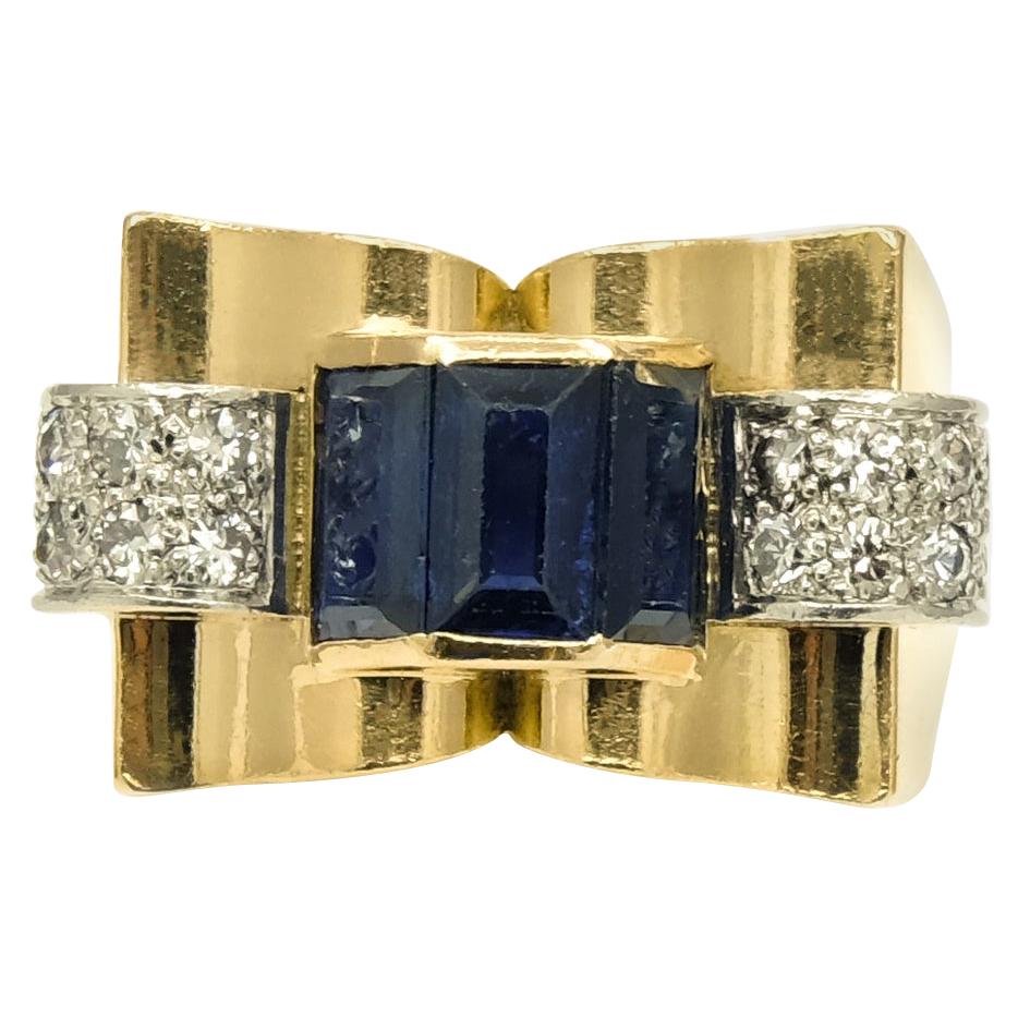 Retro French 18 Karat Yellow Gold Sapphire and Diamond Tank Ring For Sale