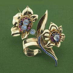 Spilla francese retrò in platino 18 carati con zaffiro e pietra di luna