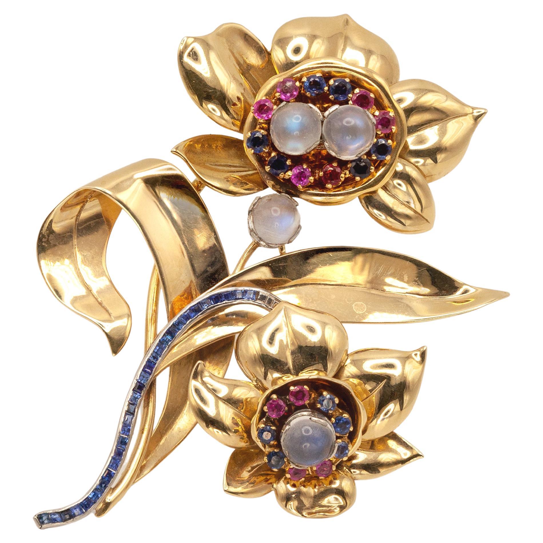 Retro French 18K Platinum Sapphire Ruby Moonstone Brooch