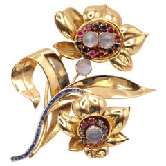 Retro French 18K Platinum Sapphire Ruby Moonstone Brooch