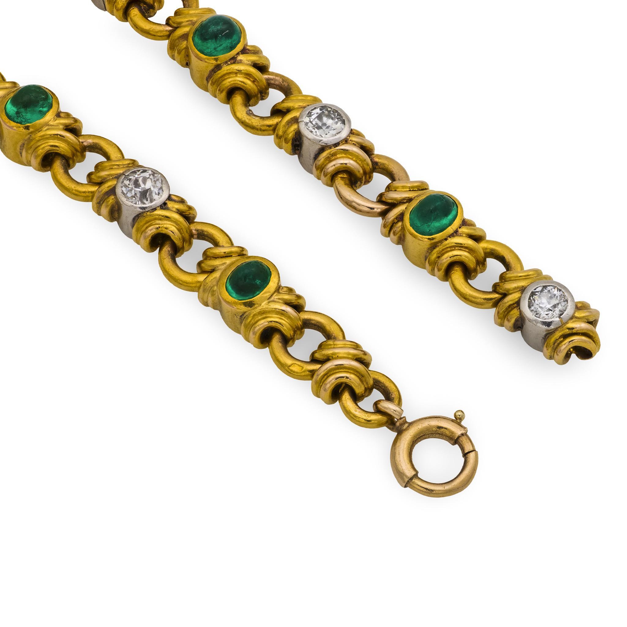 A gorgeous French emerald and diamond bracelet from the Retro (ca1950s) era! Crafted in 18k yellow gold and platinum, this bracelet features 7 bezel set Colombian emerald cabochons, which are held within yellow gold bezel-settings. The oval-shaped