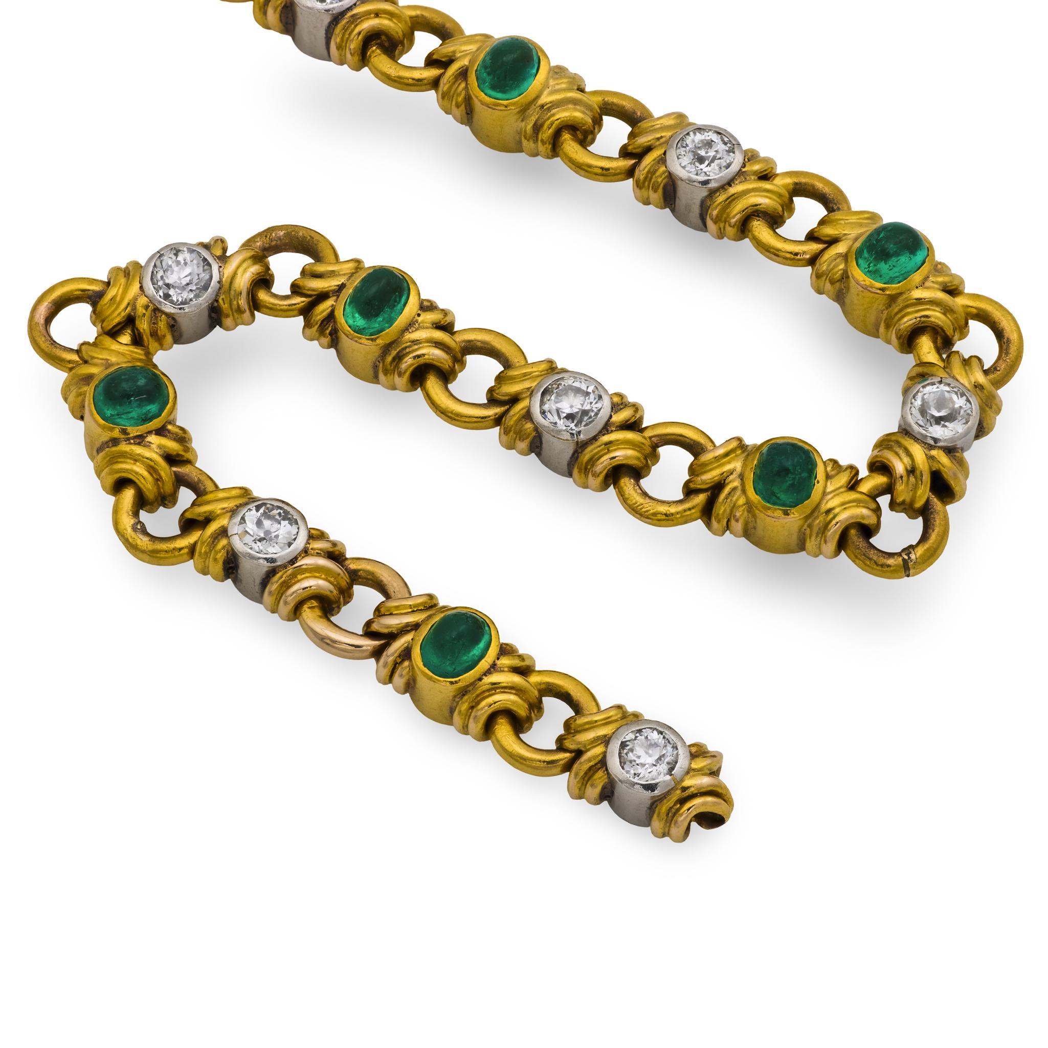 Cabochon Retro French 18k/Platinum Emerald & Diamond Bracelet For Sale