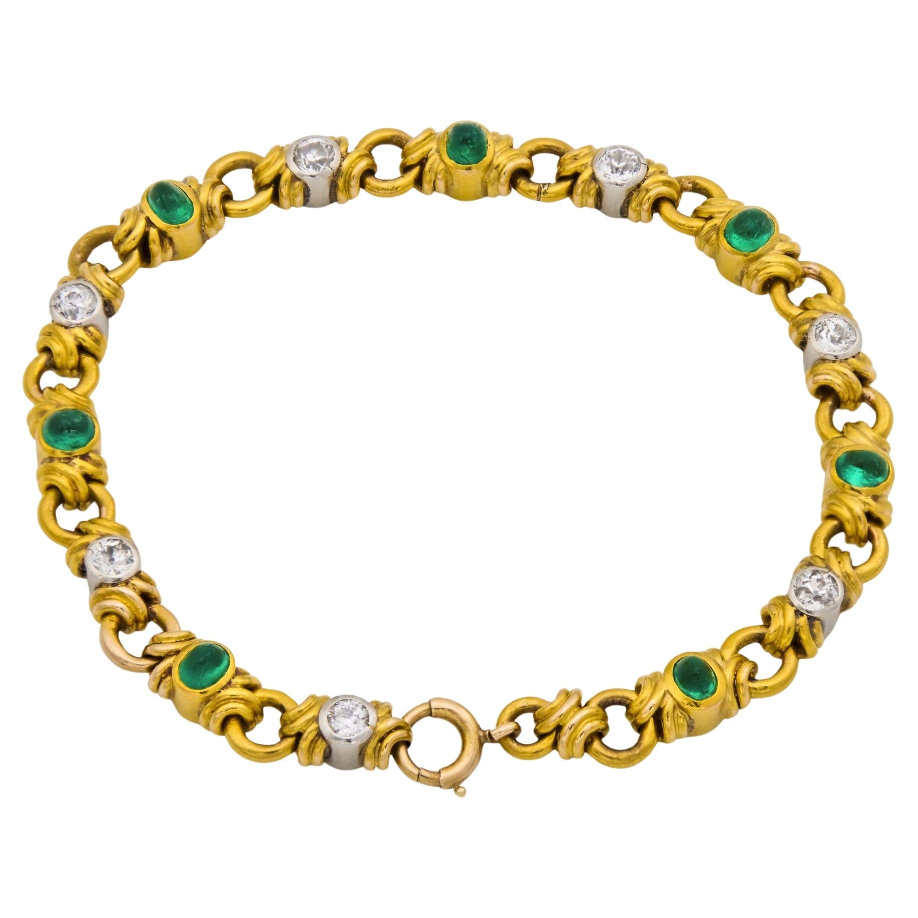 Retro French 18k/Platinum Emerald & Diamond Bracelet For Sale