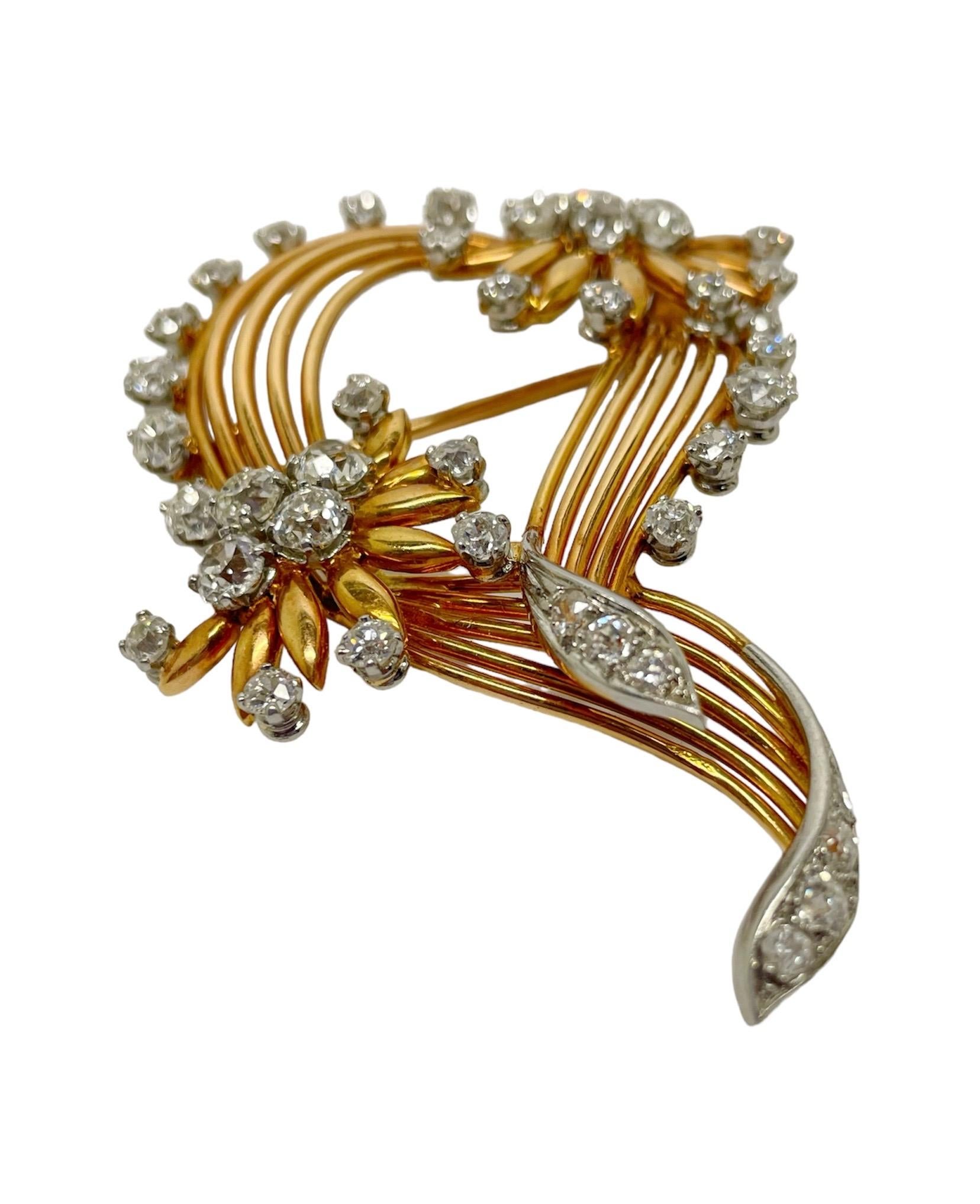 Old Mine Cut Retro French, 18K Yellow Gold, Platinum and Diamond Brooch For Sale