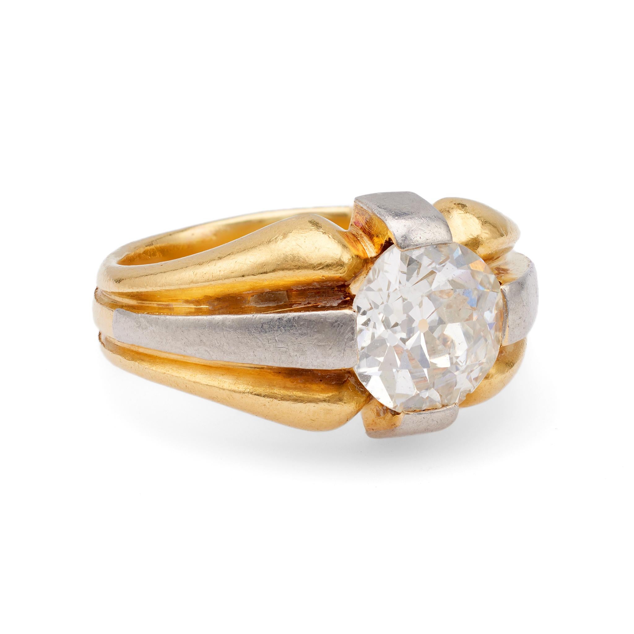 Solita française rétro en or jaune 18 carats et platine avec diamant taille européenne ancienne de 2,00 carats Bon état - En vente à Beverly Hills, CA