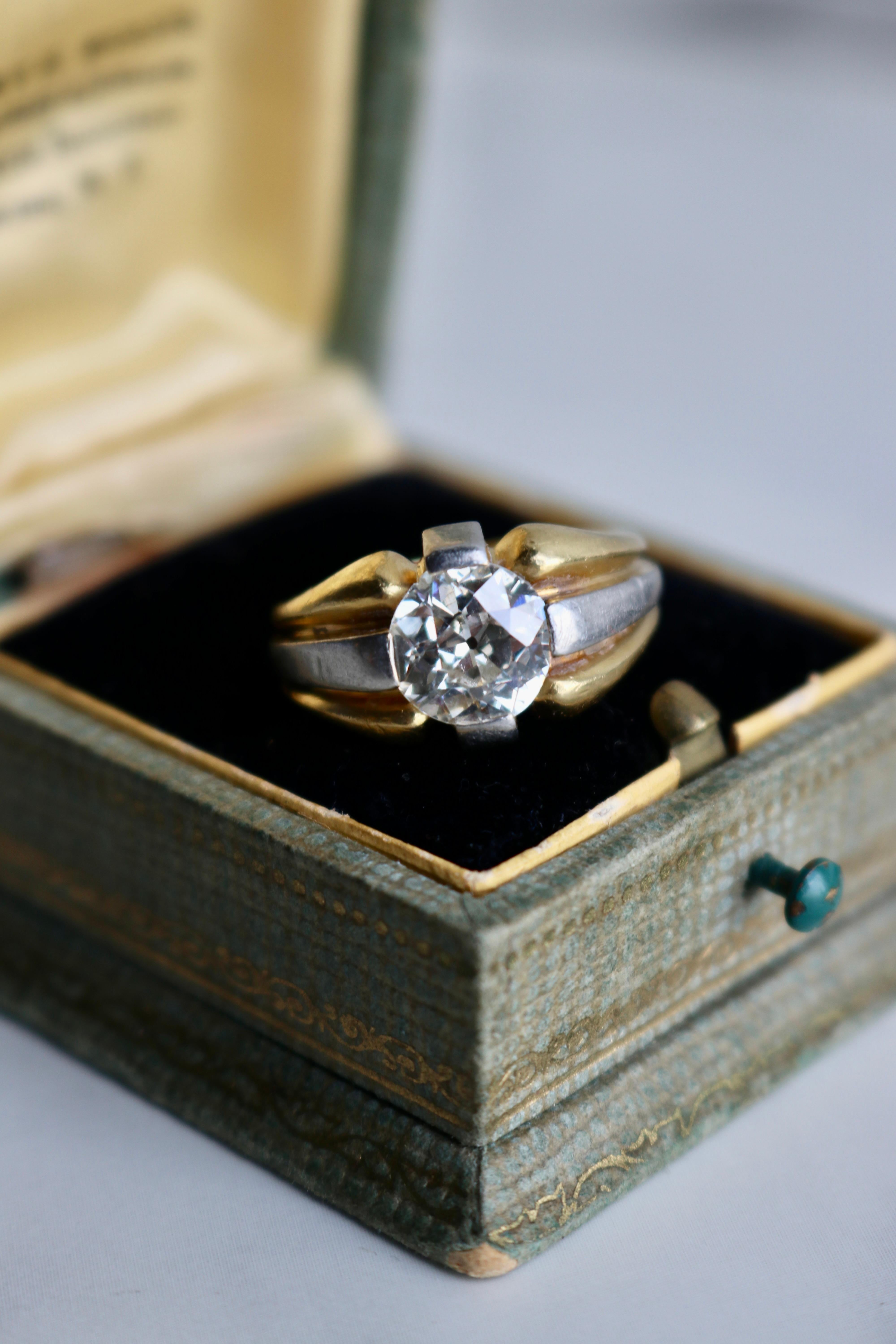 Solita française rétro en or jaune 18 carats et platine avec diamant taille européenne ancienne de 2,00 carats Unisexe en vente