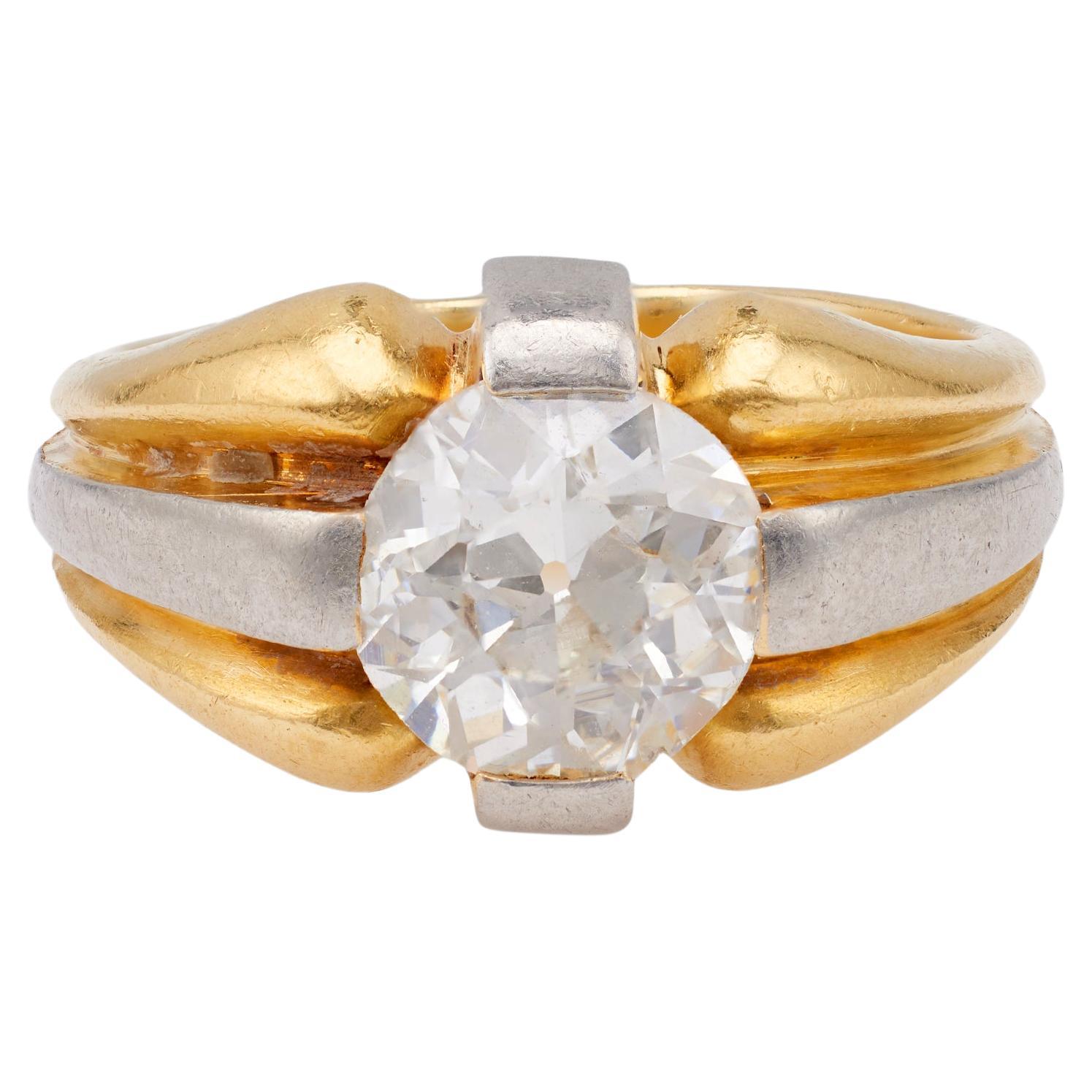 Solita française rétro en or jaune 18 carats et platine avec diamant taille européenne ancienne de 2,00 carats en vente