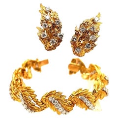 Retro French 6.04 Carat Natural Diamond and Gold Bracelet Earring Set Circa 1960