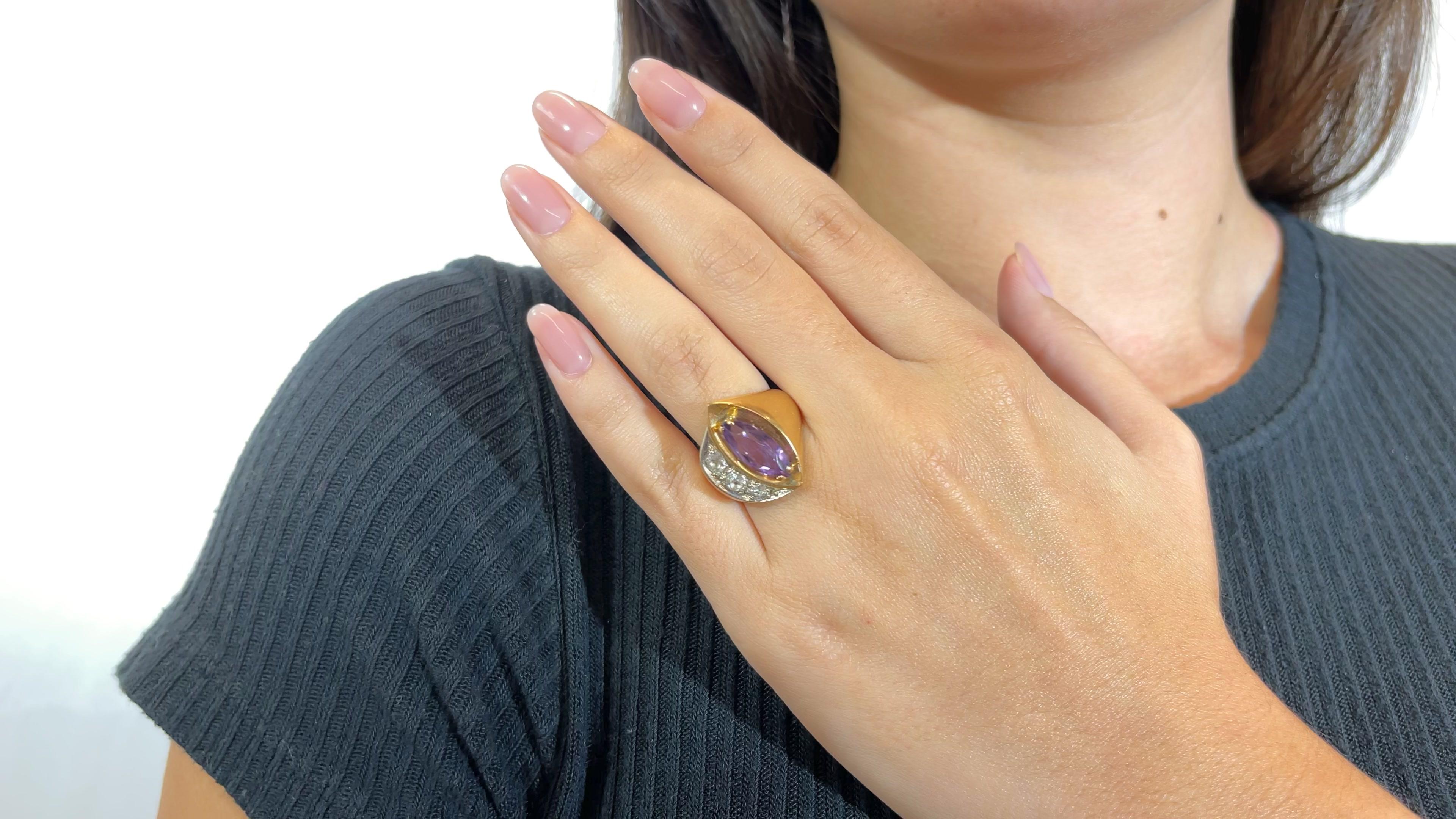 Retro French Amethyst Diamond Gold Ring. Featuring an amethyst approximately 1.68 carat. Accented by 3 Old Mine Cut diamonds approximately 0.62 carat total, G-H color, VS clarity. In 18k gold and platinum with French hallmark and maker's mark. Circa