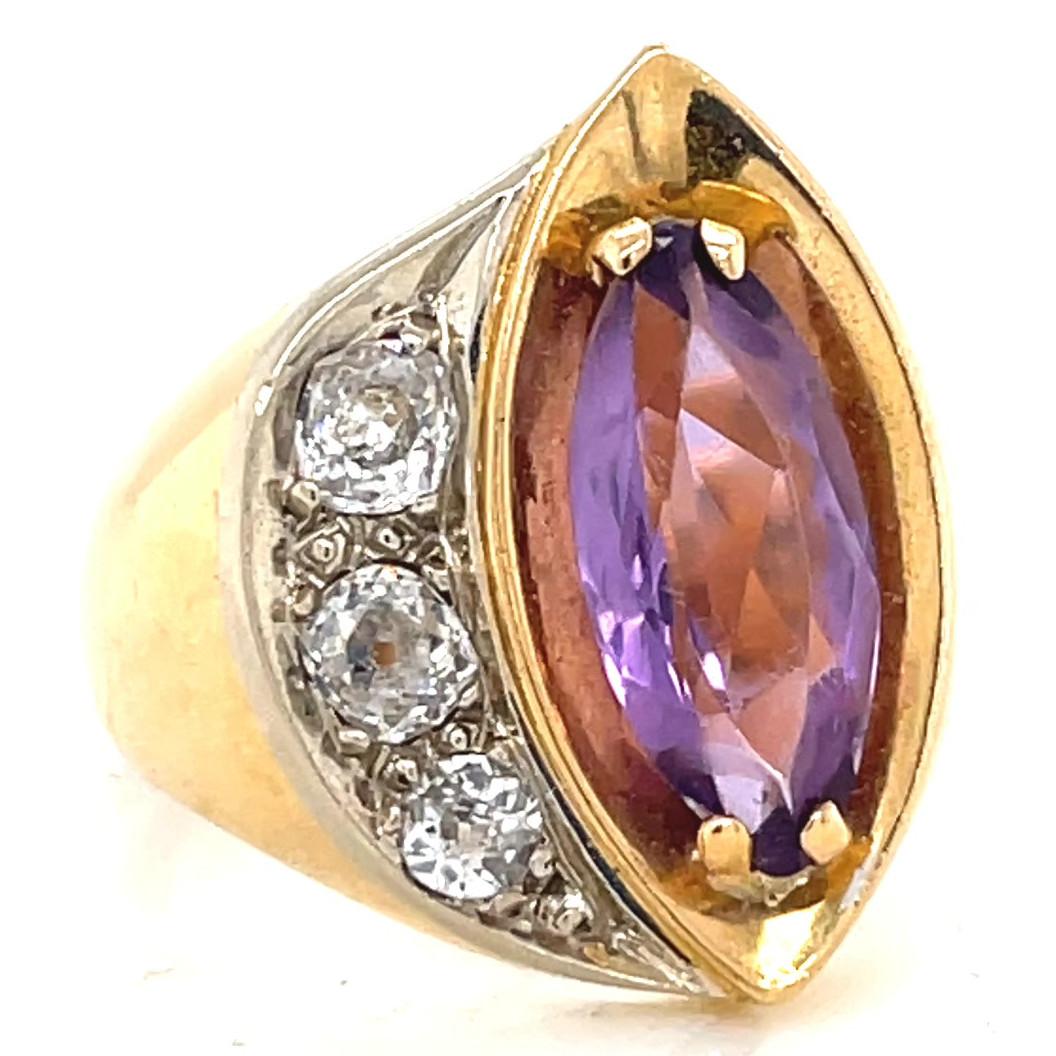 Marquise Cut Retro French Amethyst Diamond 18 Karat Gold Ring