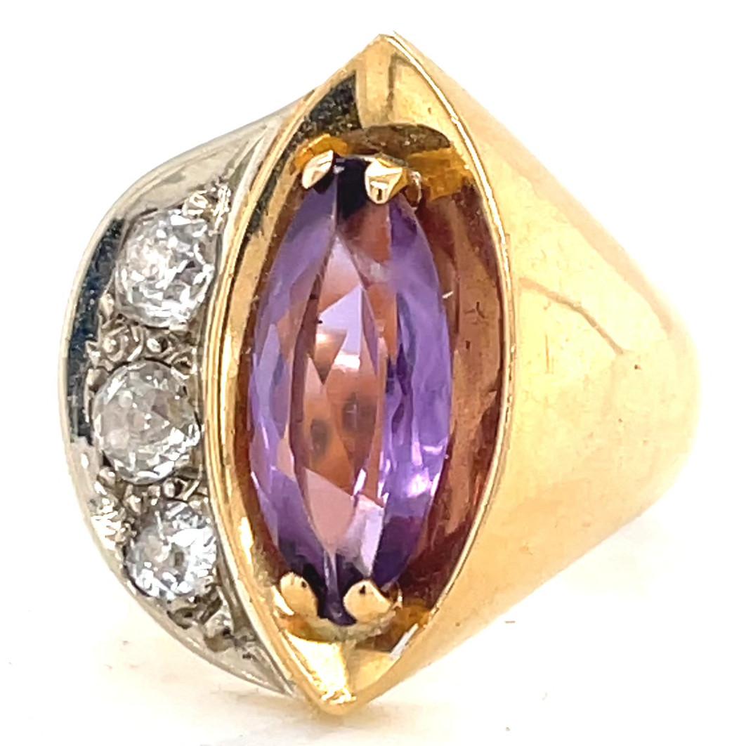 Retro French Amethyst Diamond 18 Karat Gold Ring In Excellent Condition In Beverly Hills, CA