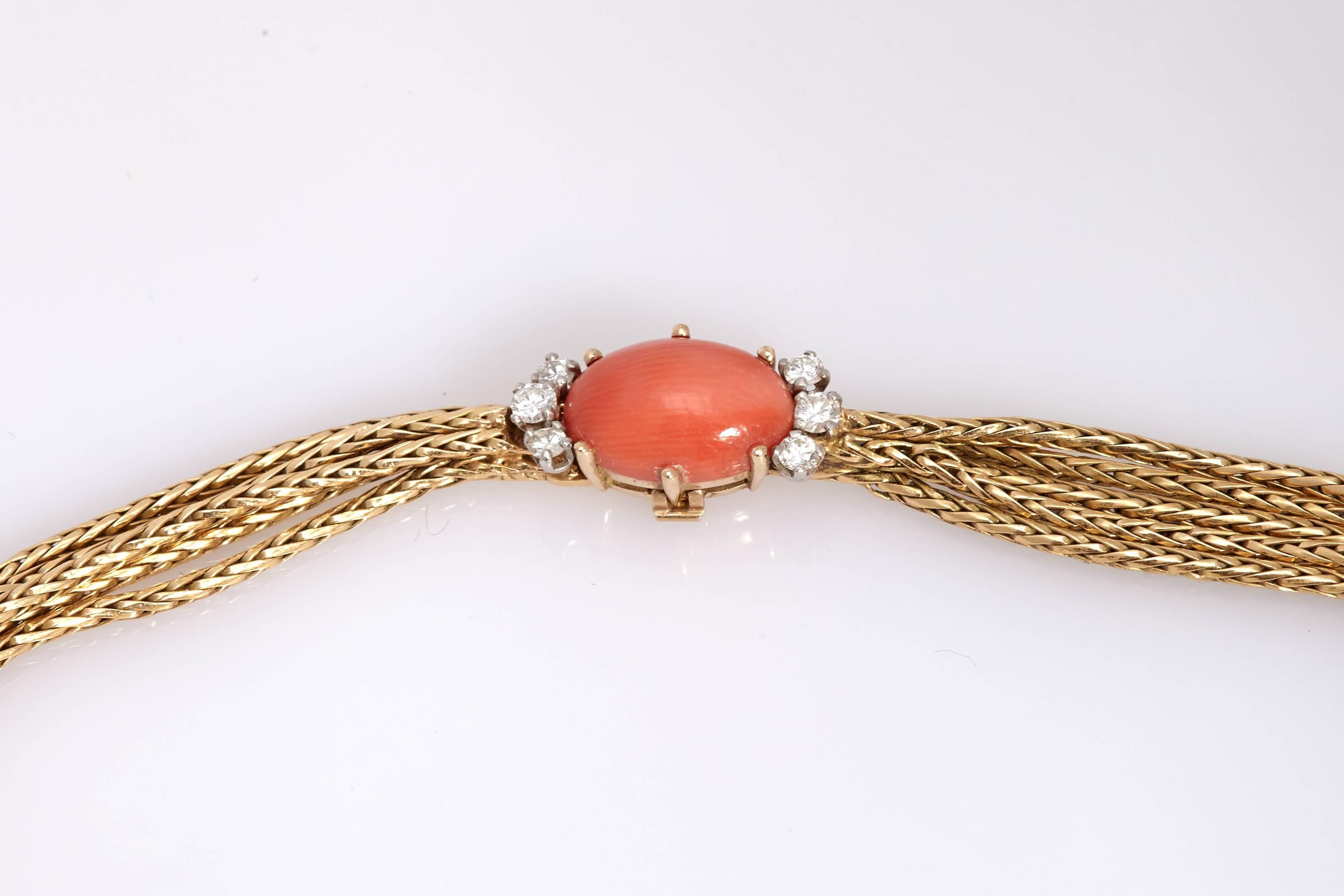 Retro French Coral Diamond Necklace In Excellent Condition In New York, NY