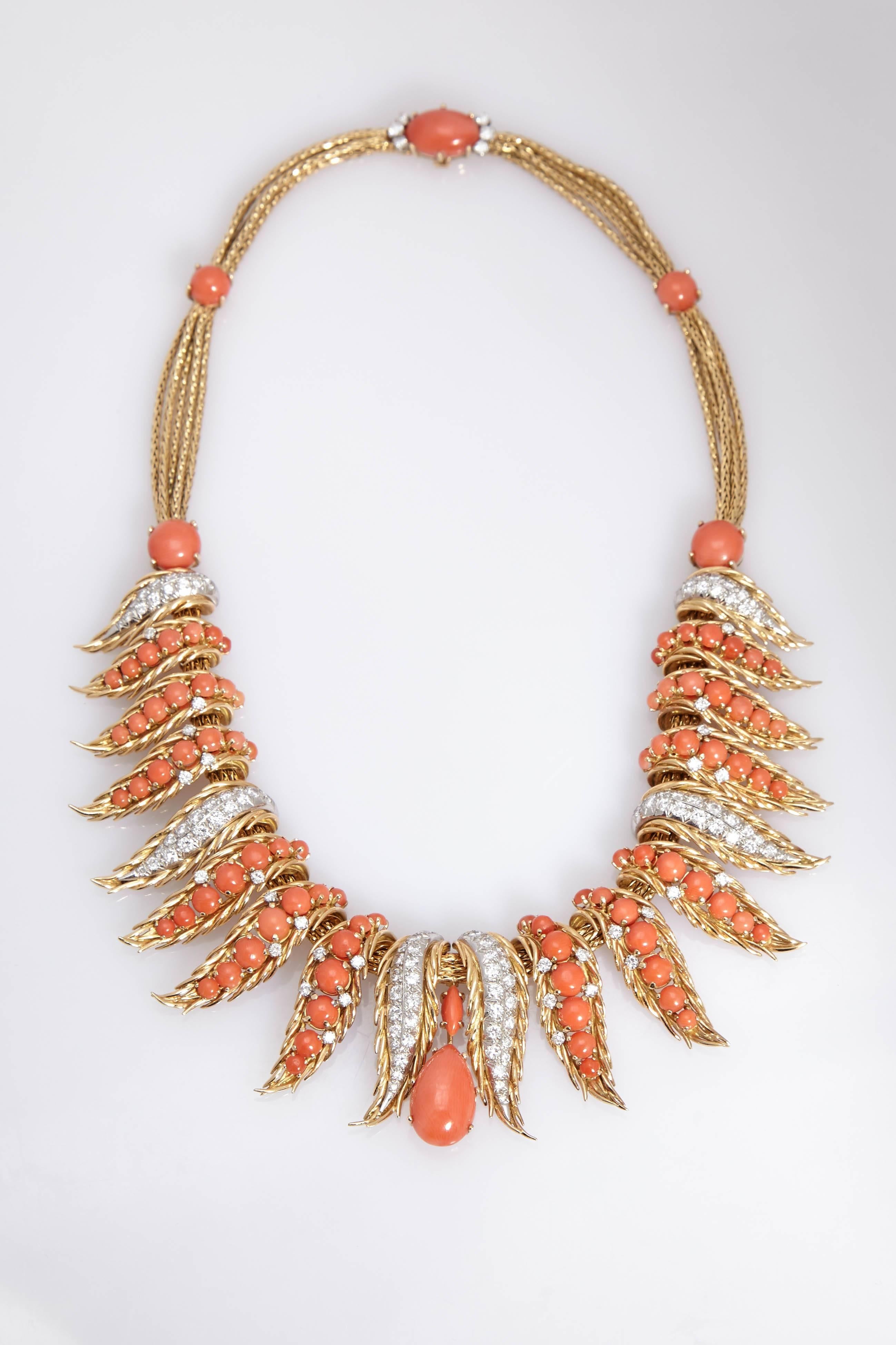 Retro French Coral Diamond Necklace 1