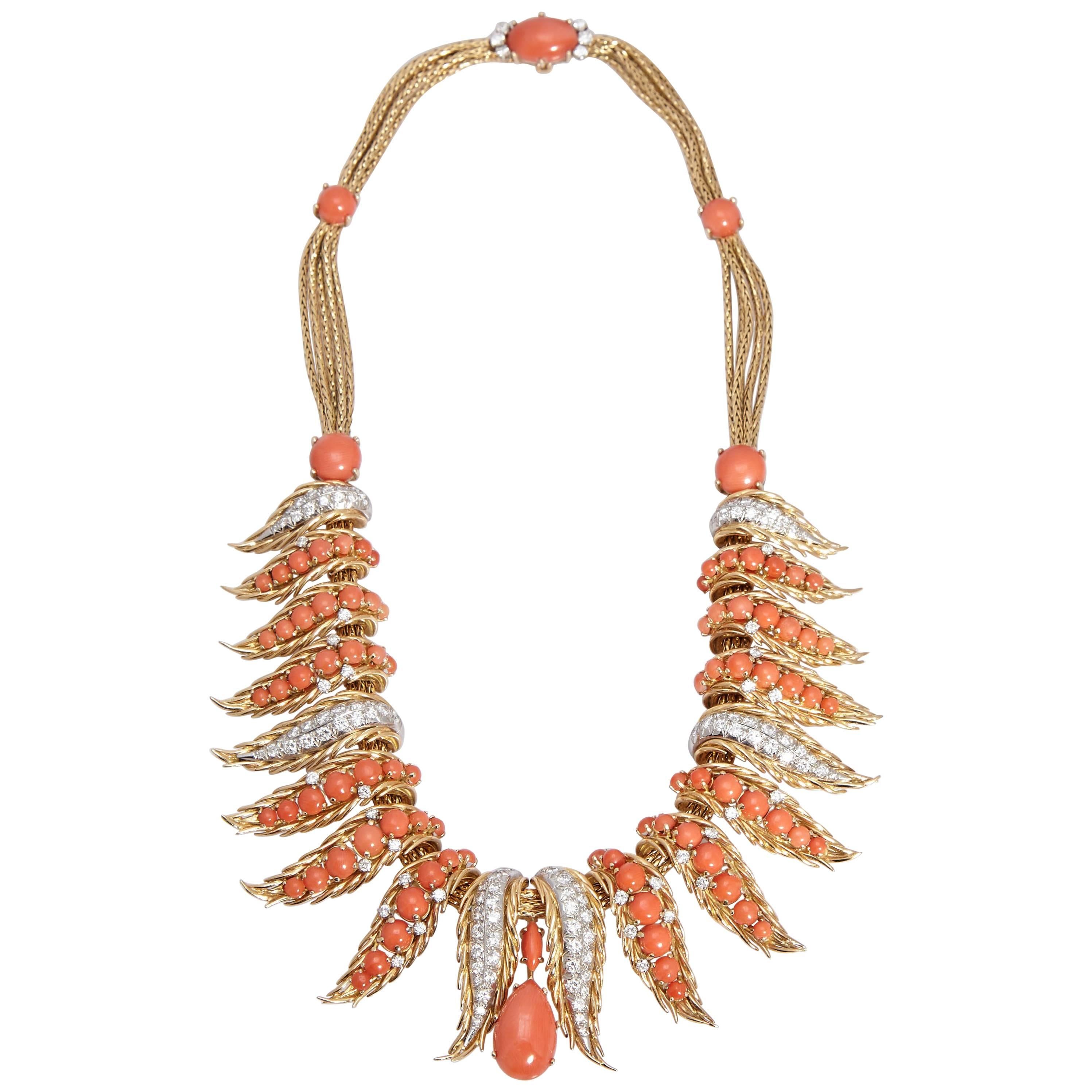 Retro French Coral Diamond Necklace