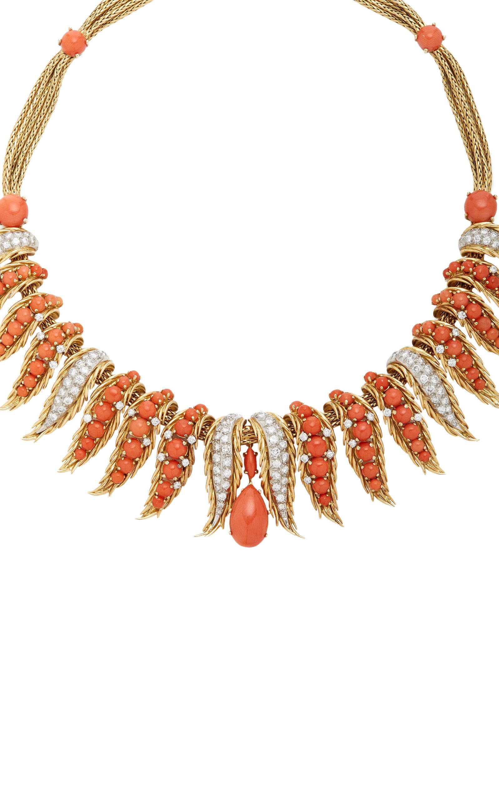 Retro French Diamond Coral Gold Necklace In Good Condition In New York, NY