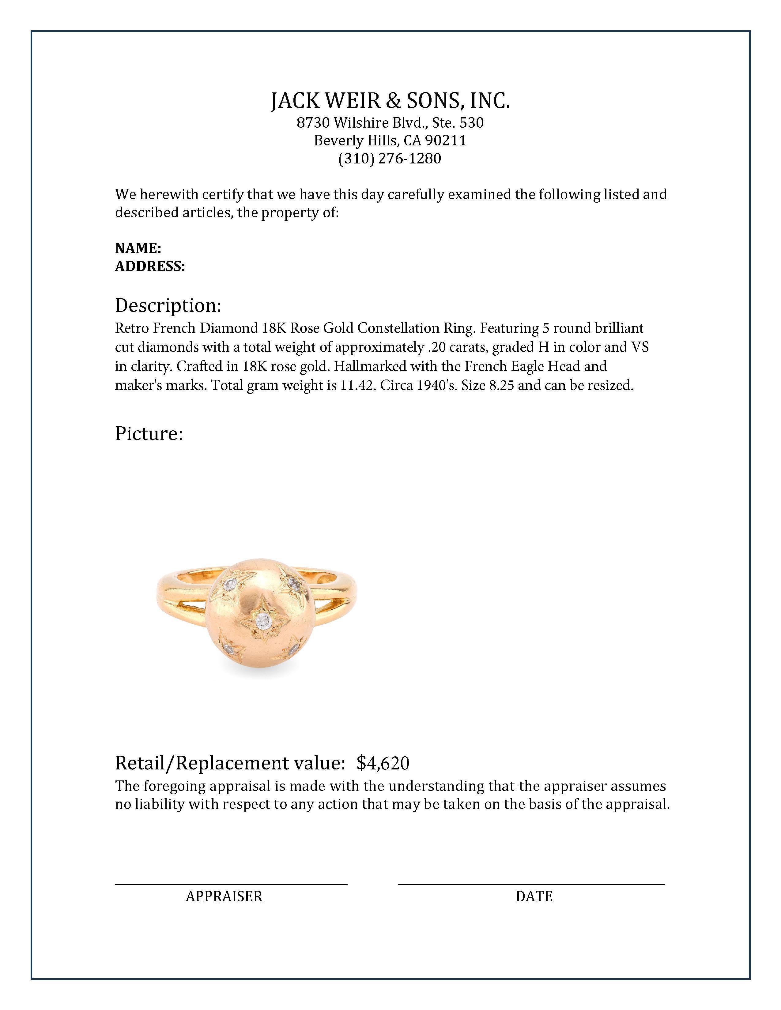 Retro Französischer Constellation-Ring aus 18 Karat Roségold mit Diamanten für Damen oder Herren