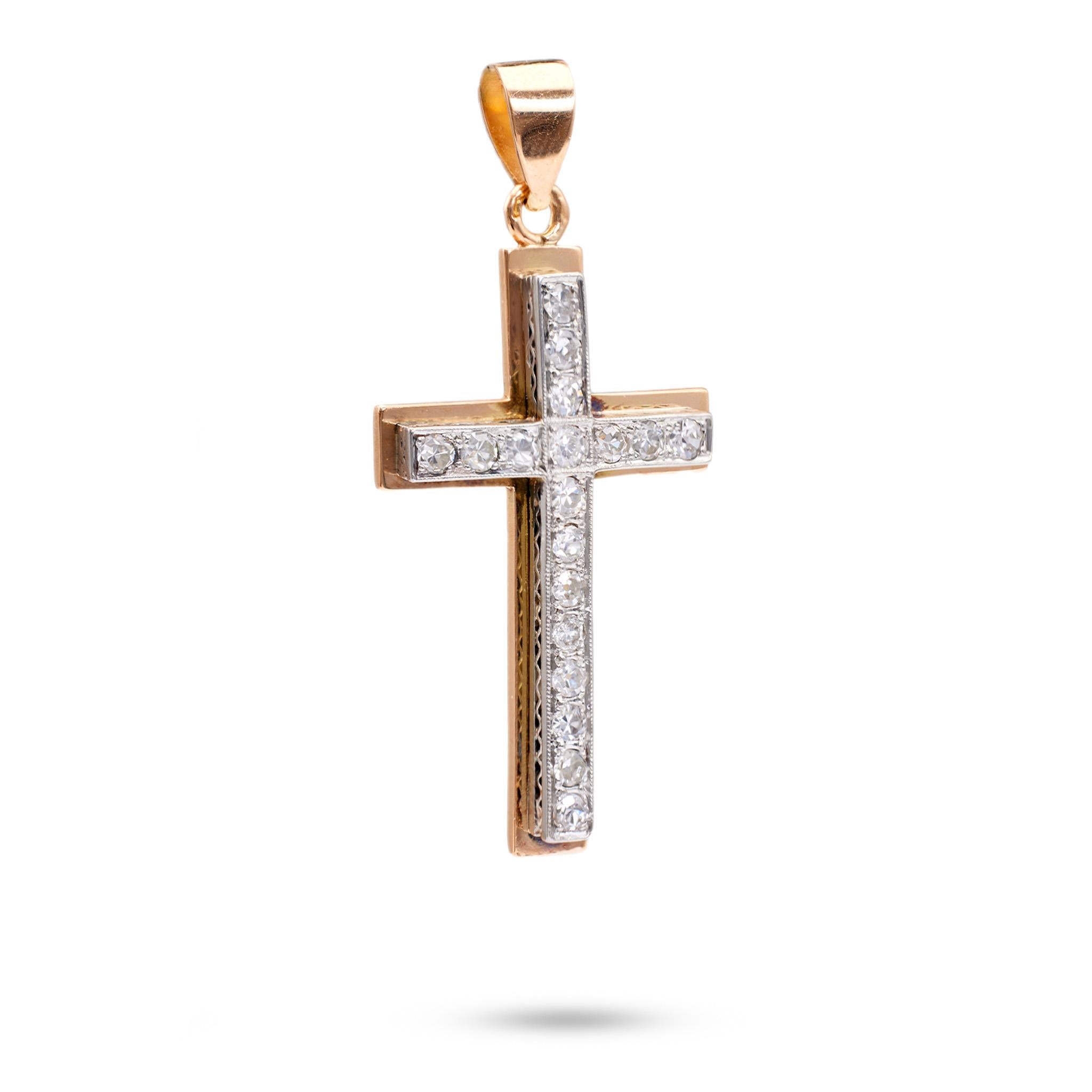 Retro French Diamond 18k Rose Gold Platinum Cross Pendant In Good Condition In Beverly Hills, CA
