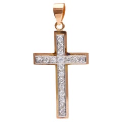 Retro French Diamond 18k Rose Gold Platinum Cross Pendant