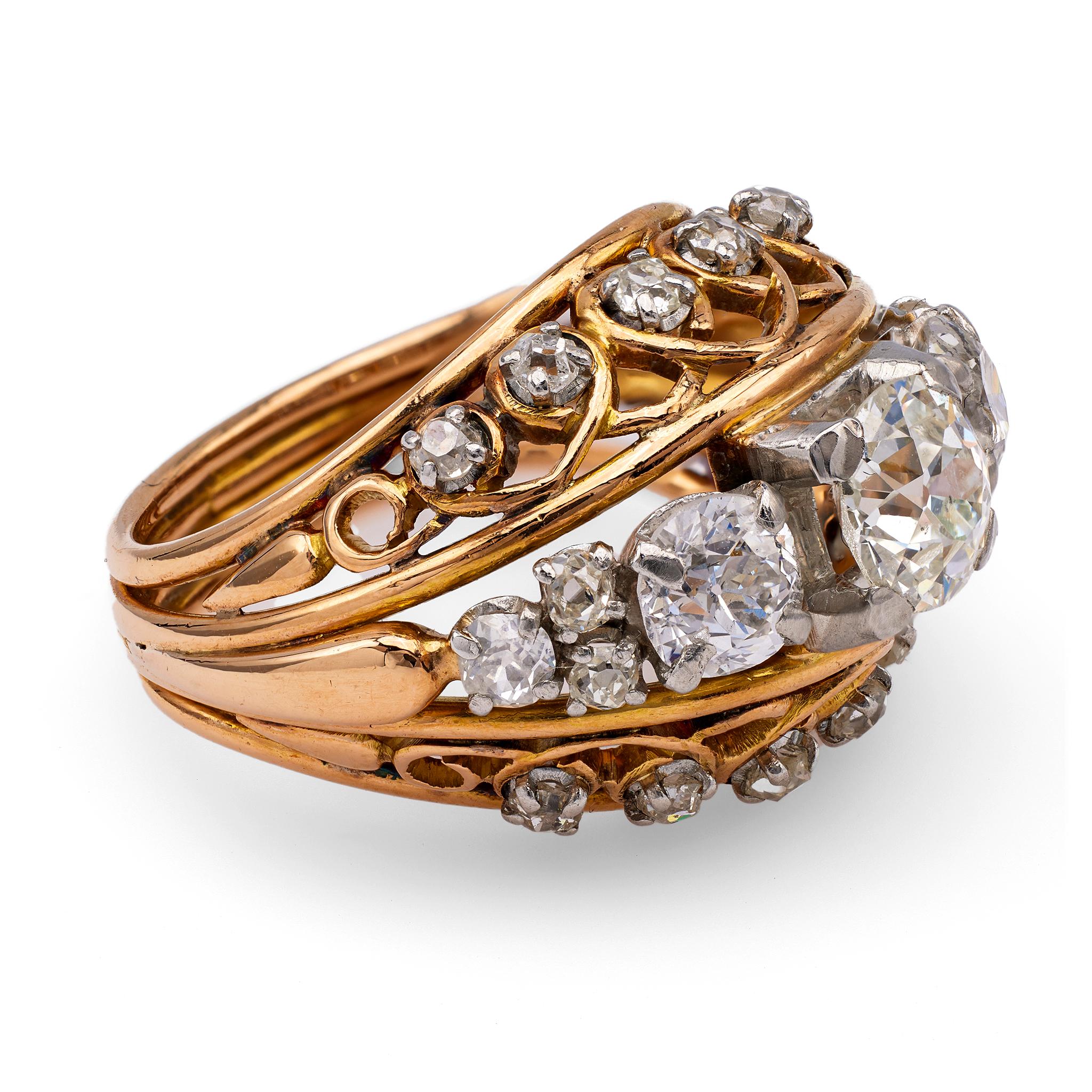 Women's or Men's Retro French Diamond 18k Rose Gold Platinum Dome Ring For Sale