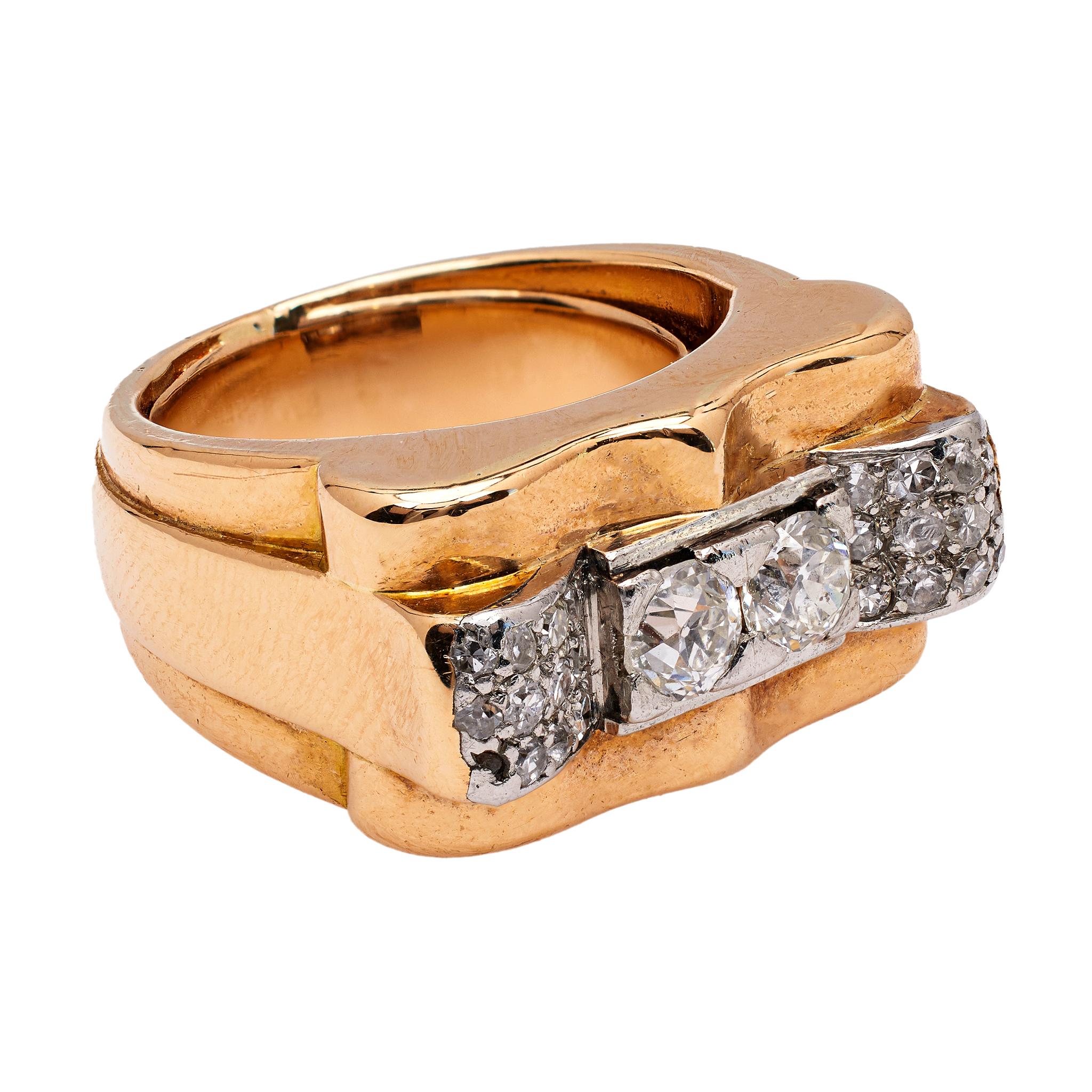 Women's or Men's Retro French Diamond 18k Rose Gold Platinum Tank Ring For Sale