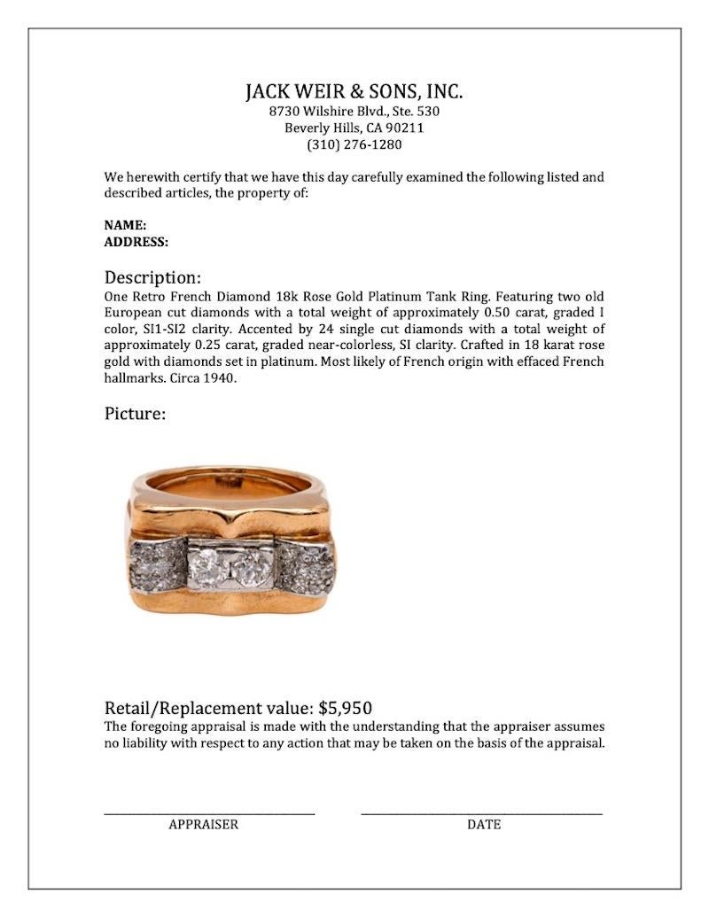 Retro French Diamond 18k Rose Gold Platinum Tank Ring For Sale 1