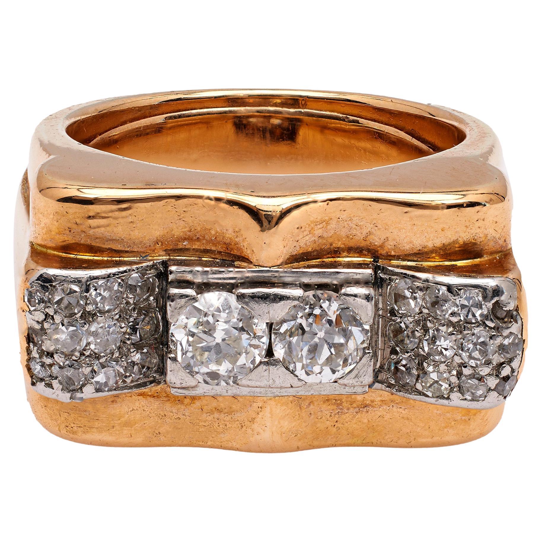 Retro French Diamond 18k Rose Gold Platinum Tank Ring For Sale