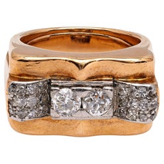 Vintage French Diamond 18k Rose Gold Platinum Tank Ring