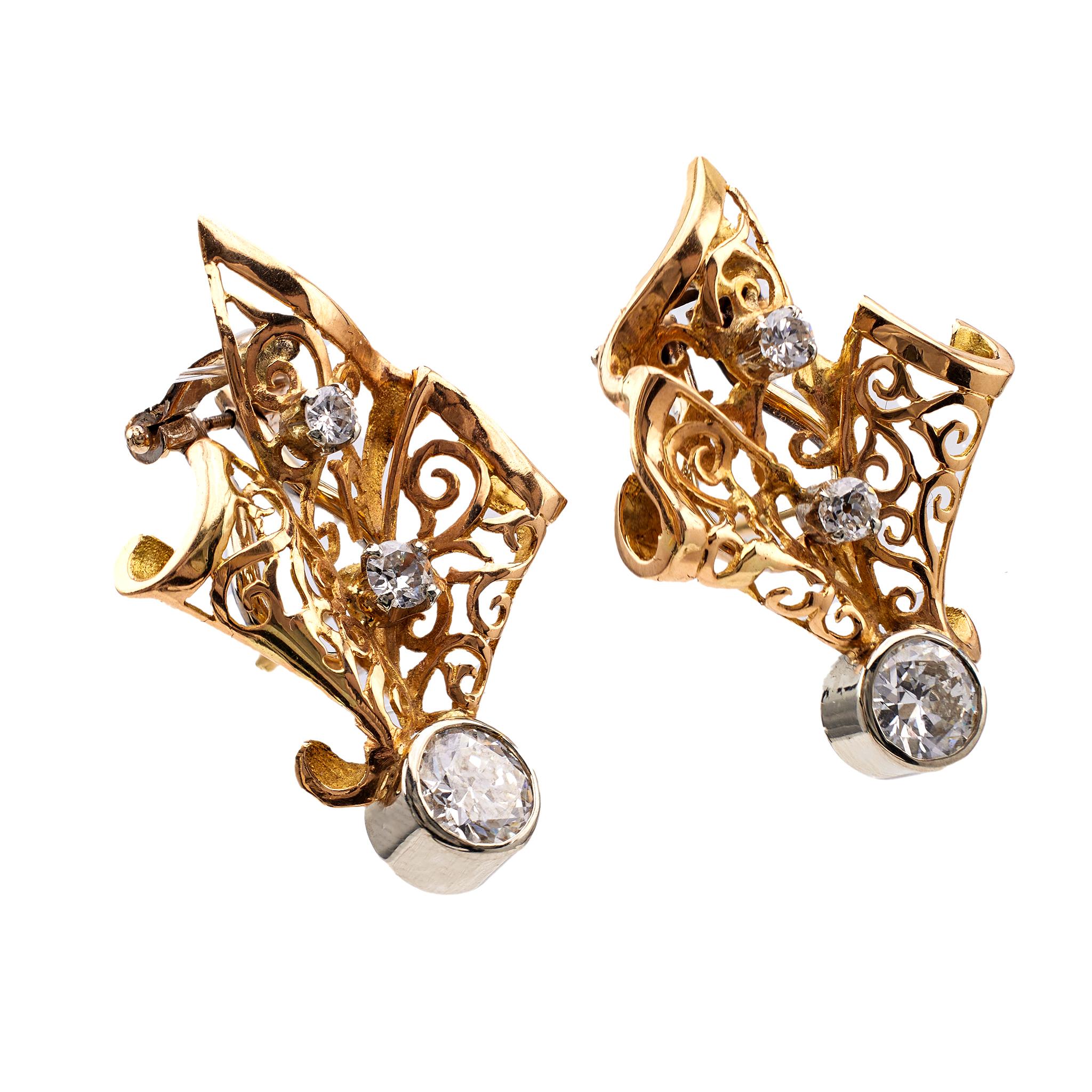 Women's or Men's Retro French Diamond 18k Two Tone Gold Earrings