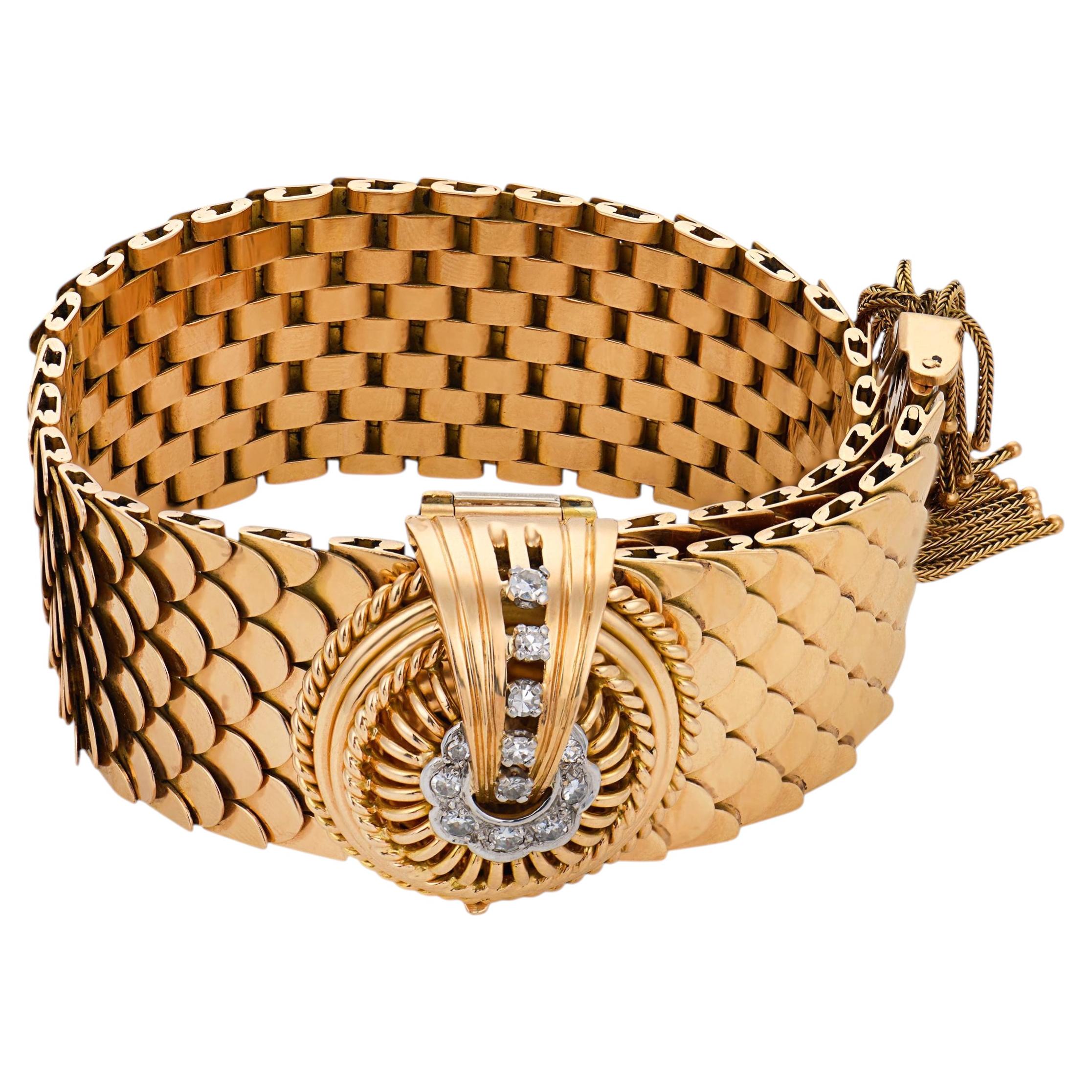 Retro French diamond 18k yellow gold buckle bracelet