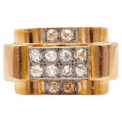 Retro French Diamond 18k Yellow Gold Platinum Tank Ring