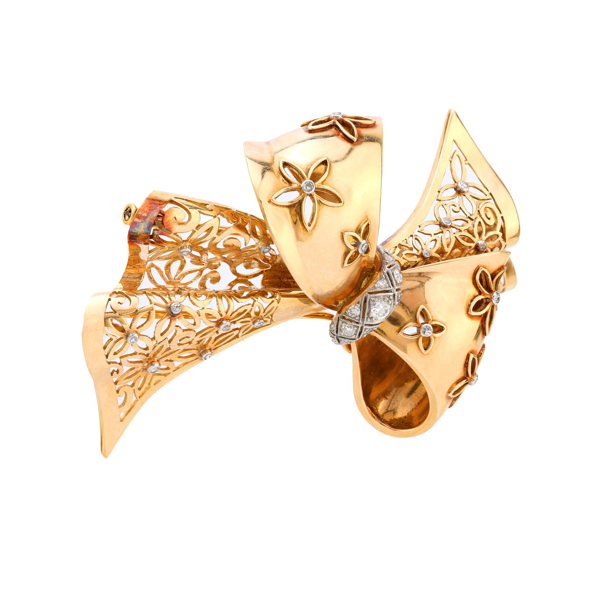 Old European Cut Retro French diamond 18k yellow gold ribbon brooch