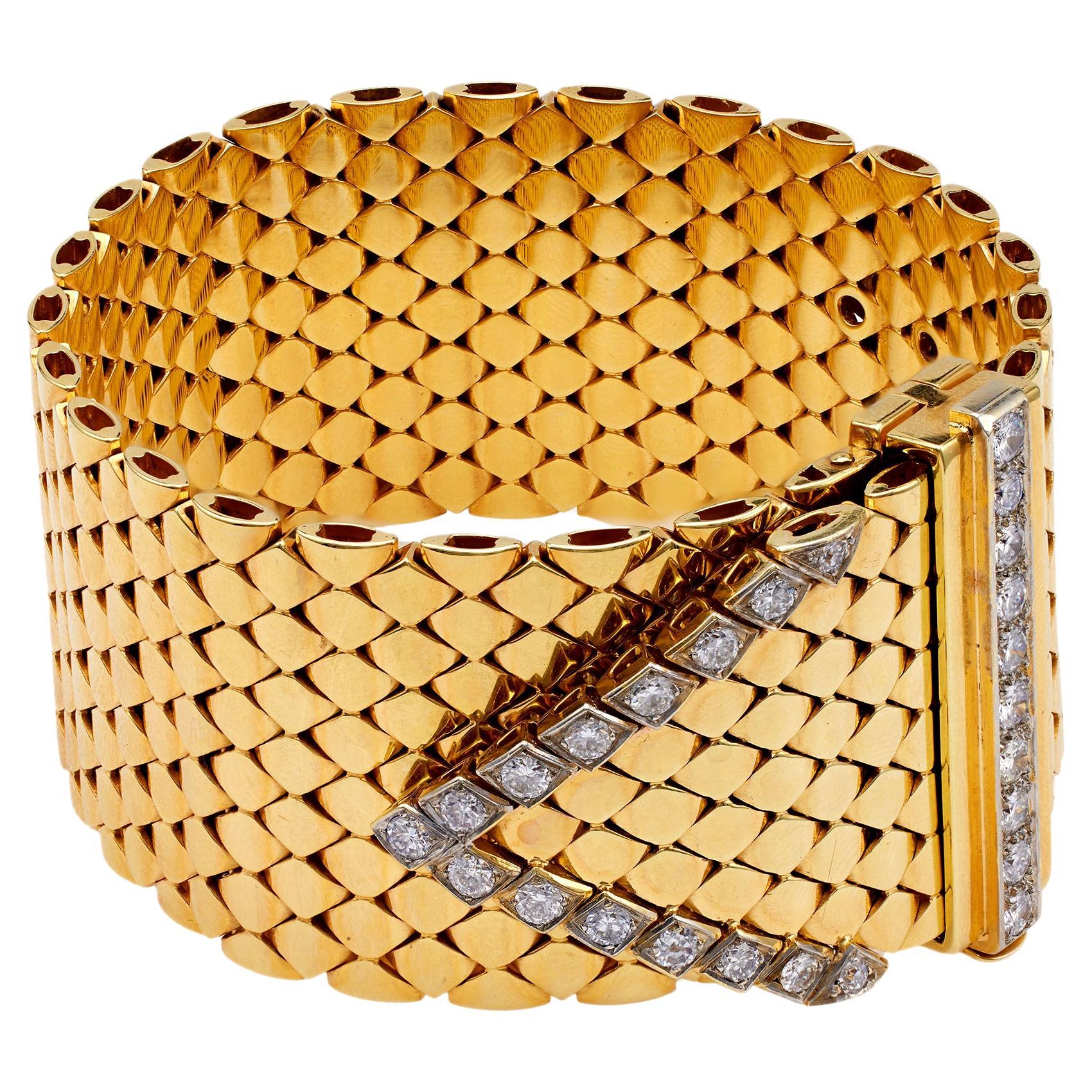 Retro French Diamond 18k Yellow Gold Tank Bracelet For Sale