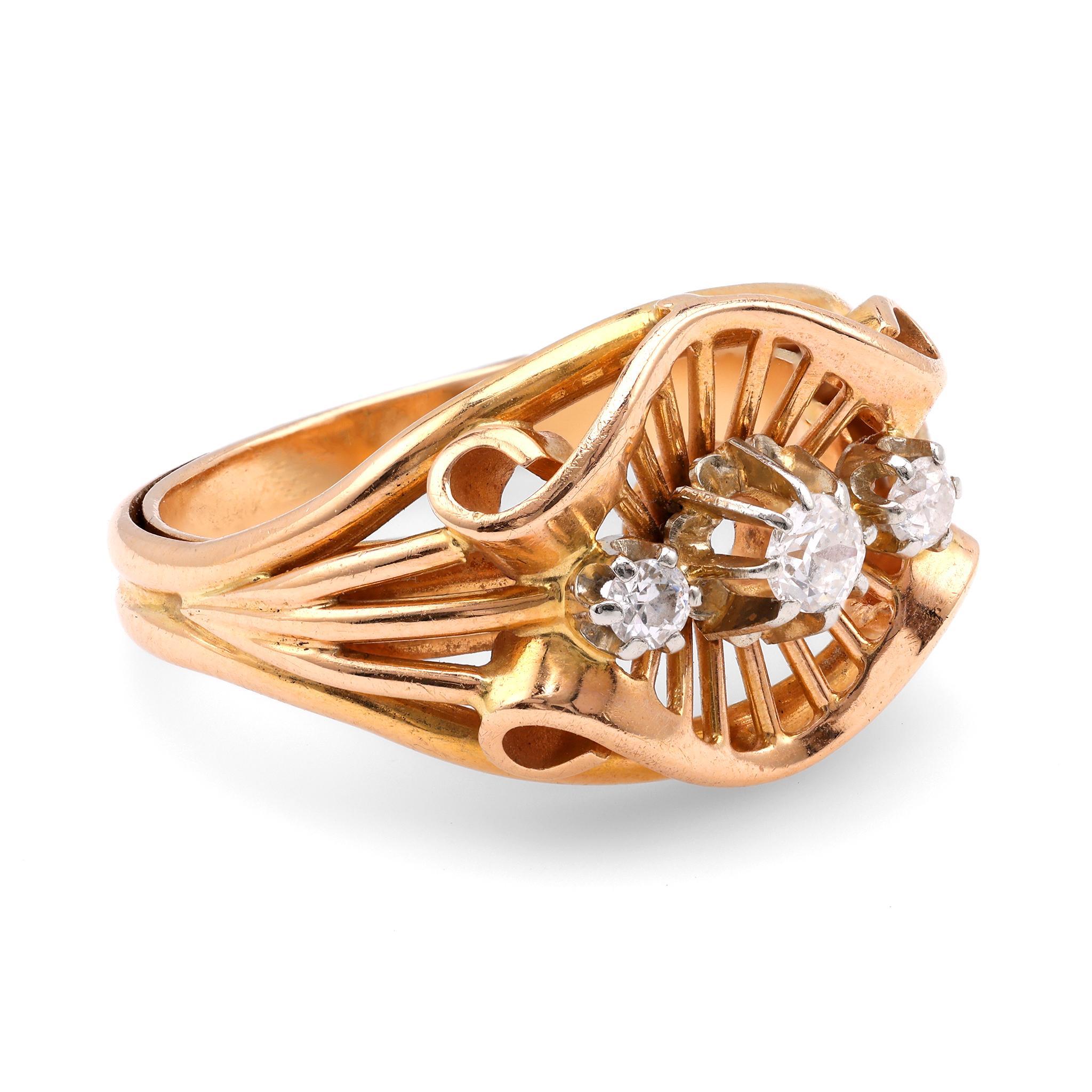 Old European Cut Retro French Diamond 18K Yellow Gold Tank Ring