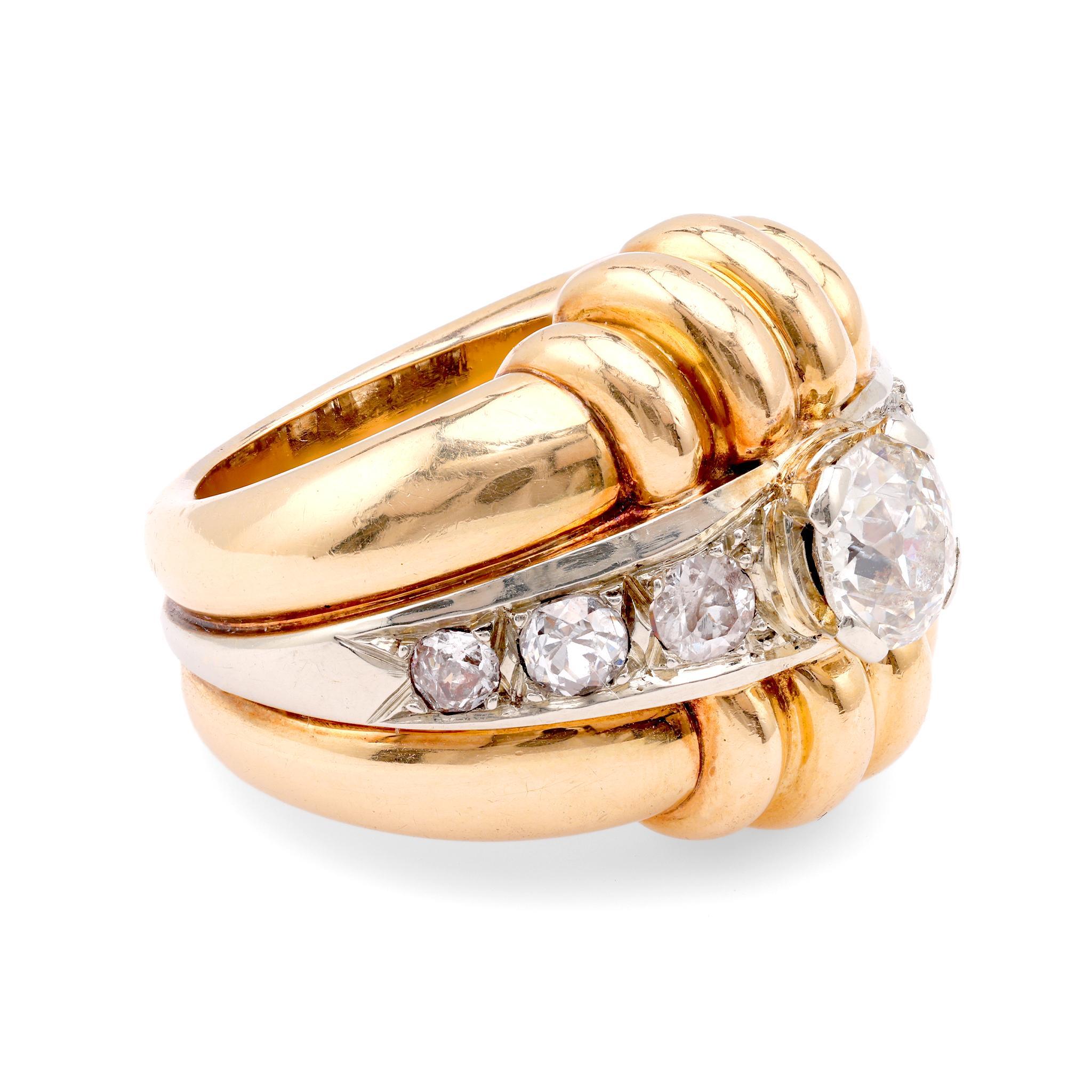 Old European Cut Retro French Diamond 18K Yellow Gold Tank Ring