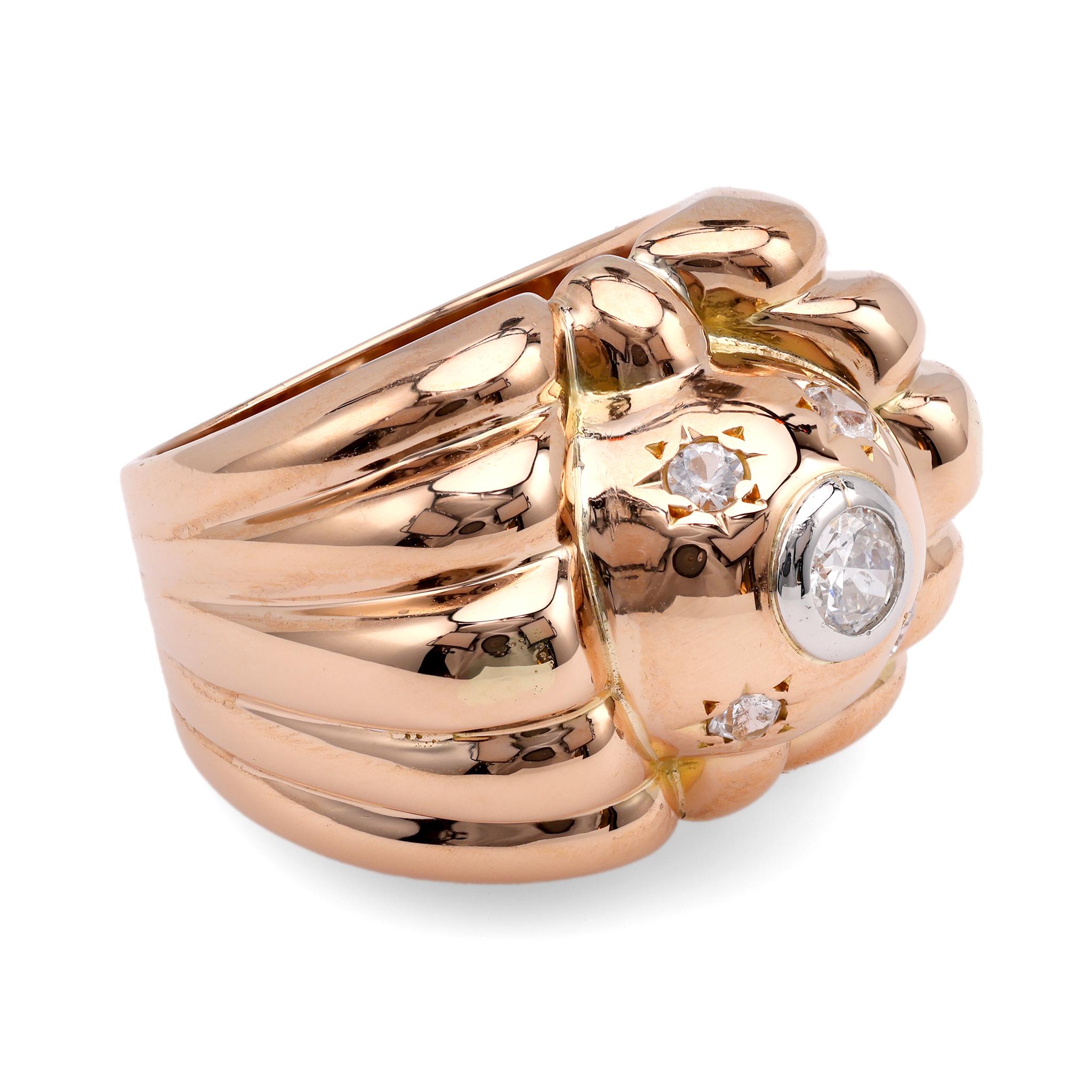 Retro French Diamond 18K Gelbgold Tank Ring (Brillantschliff)