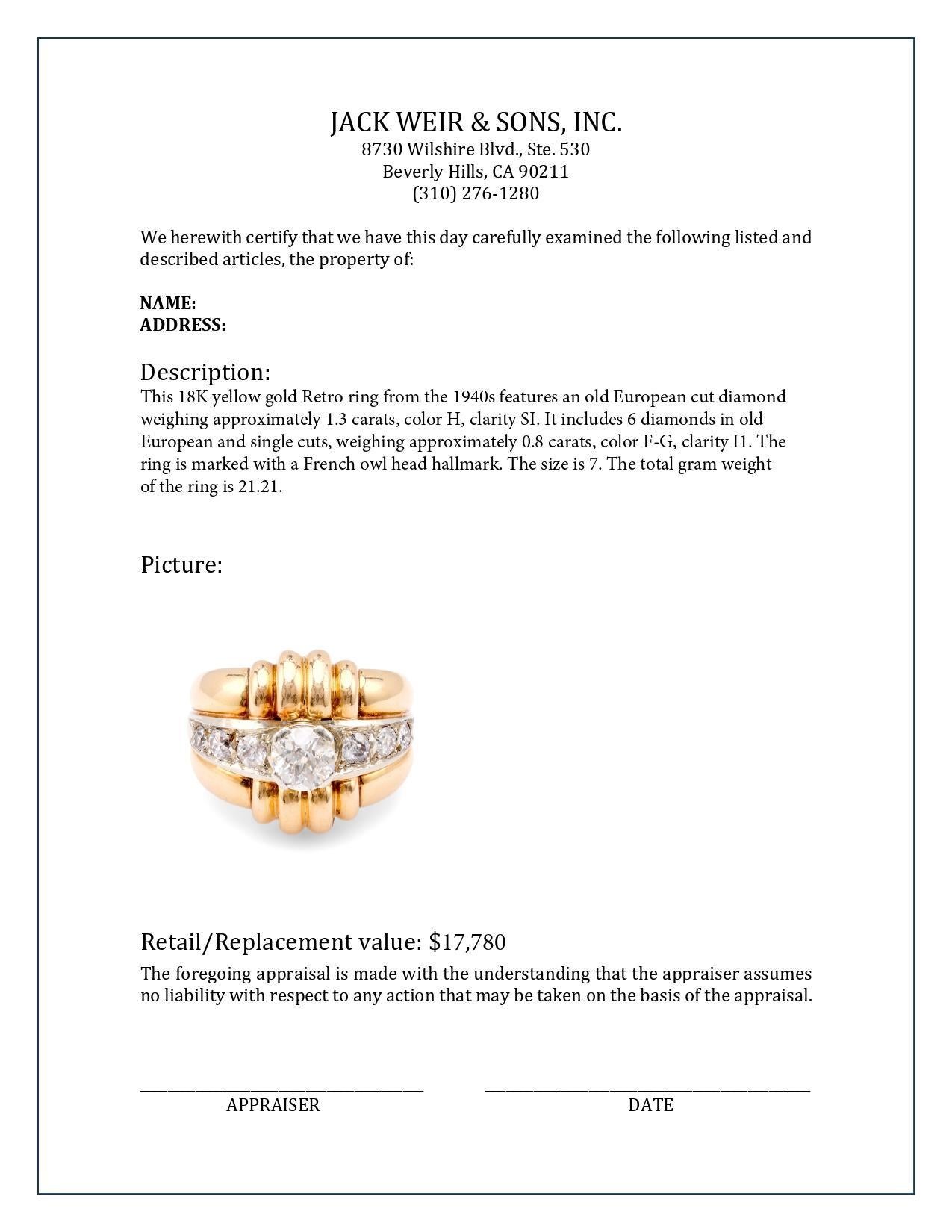 Retro French Diamond 18K Yellow Gold Tank Ring In Excellent Condition In Beverly Hills, CA