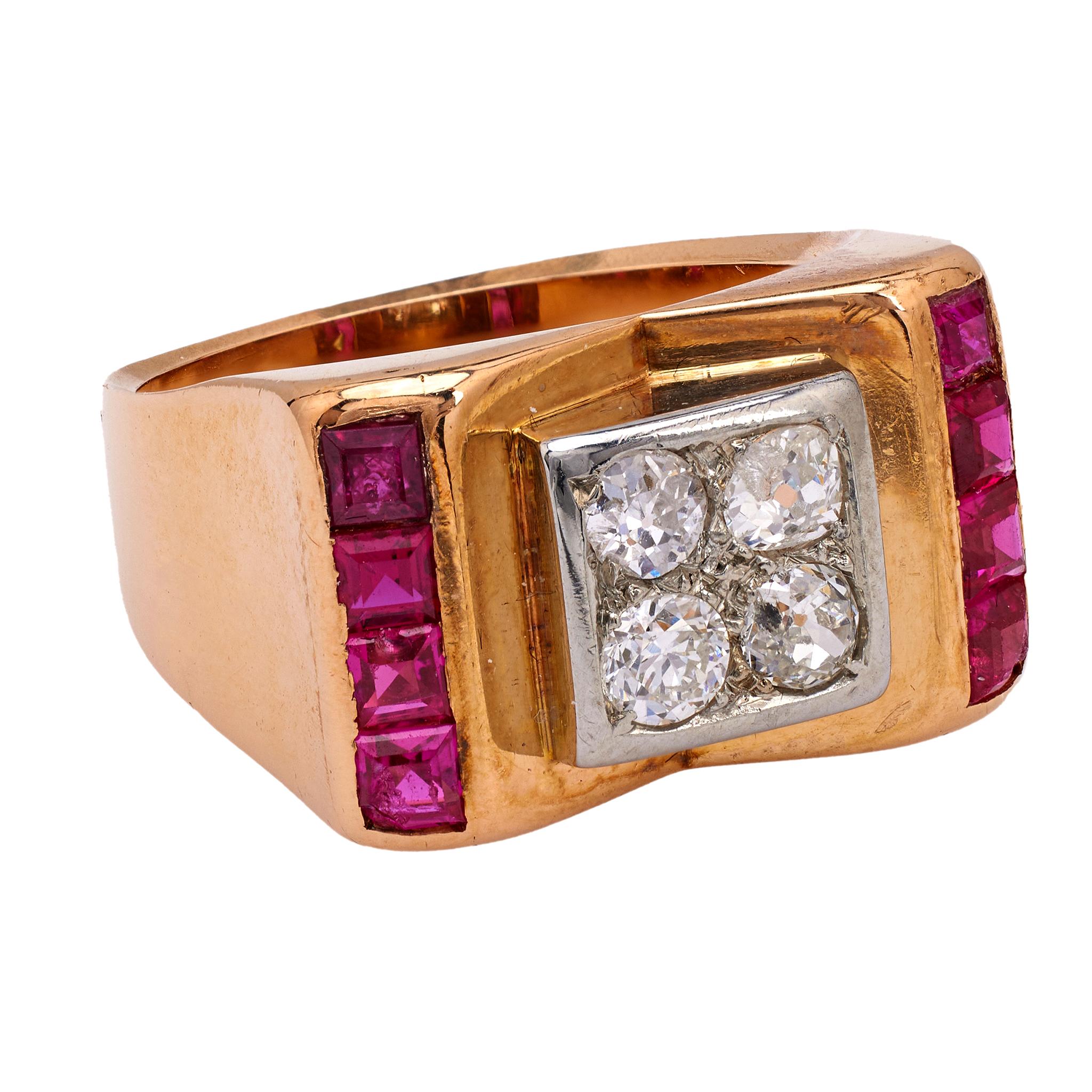 Women's or Men's Retro French Diamond and Ruby 18k Two Tone Gold Tank Ring For Sale