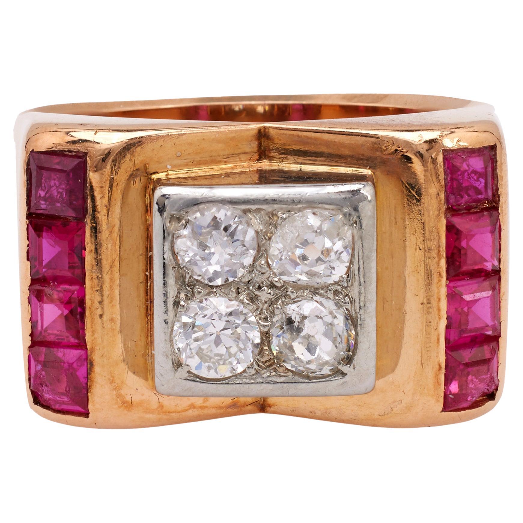 Retro French Diamond and Ruby 18k Two Tone Gold Tank Ring For Sale
