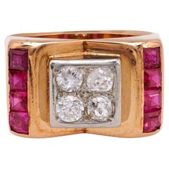 Retro French Diamond and Ruby 18k Two Tone Gold Tank Ring