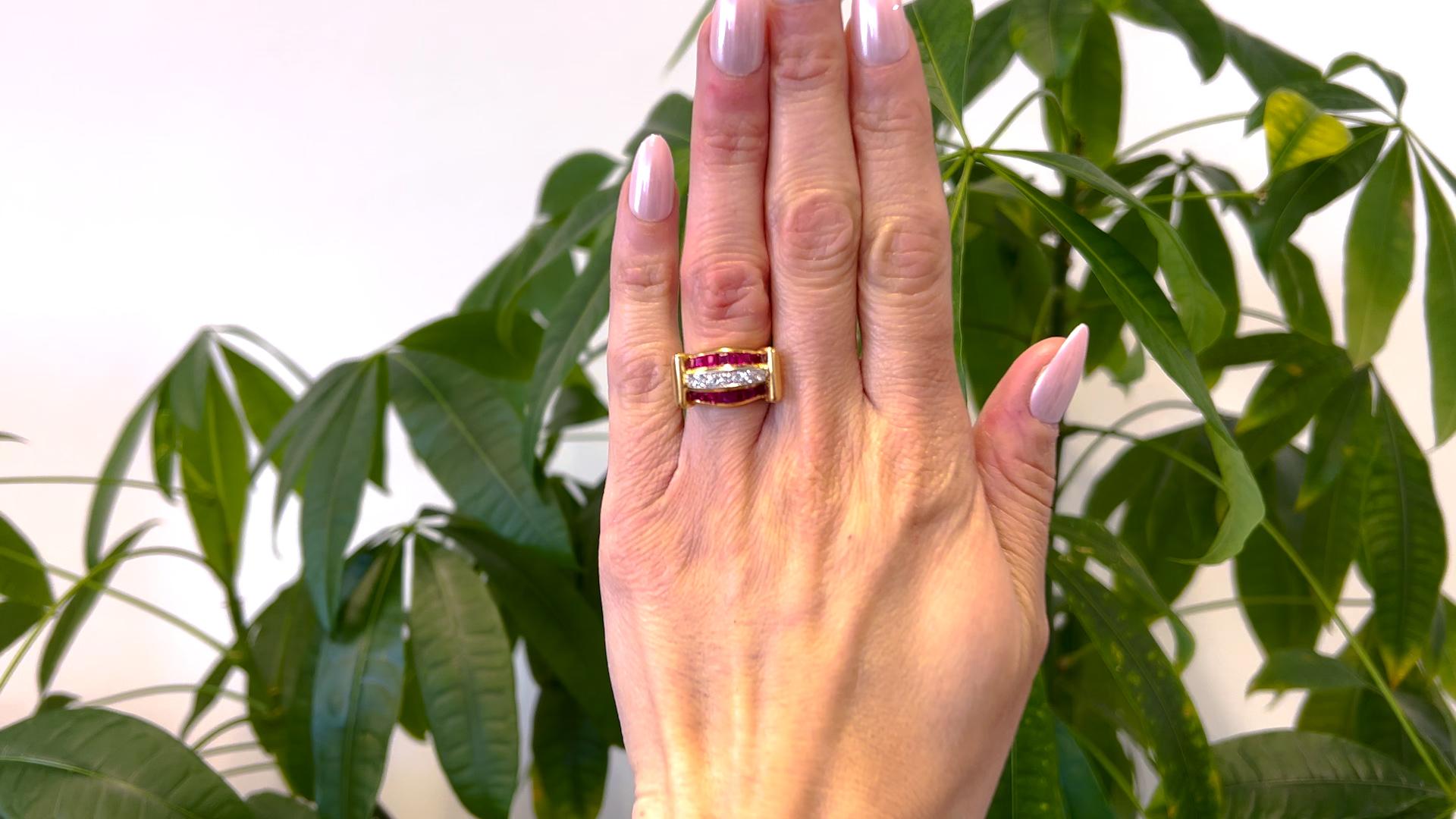 One Retro French Diamond and Synthetic Ruby 18k Yellow Gold Tank Ring. Featuring six old European and one single cut diamond with a total weight of approximately 0.35 carat, graded I-J color, VS-SI clarity. Accented by 14 square step cut synthetic