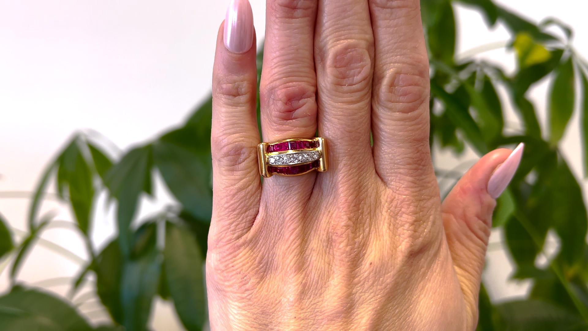 Old European Cut Retro French Diamond and Synthetic Ruby 18k Yellow Gold Tank Ring For Sale