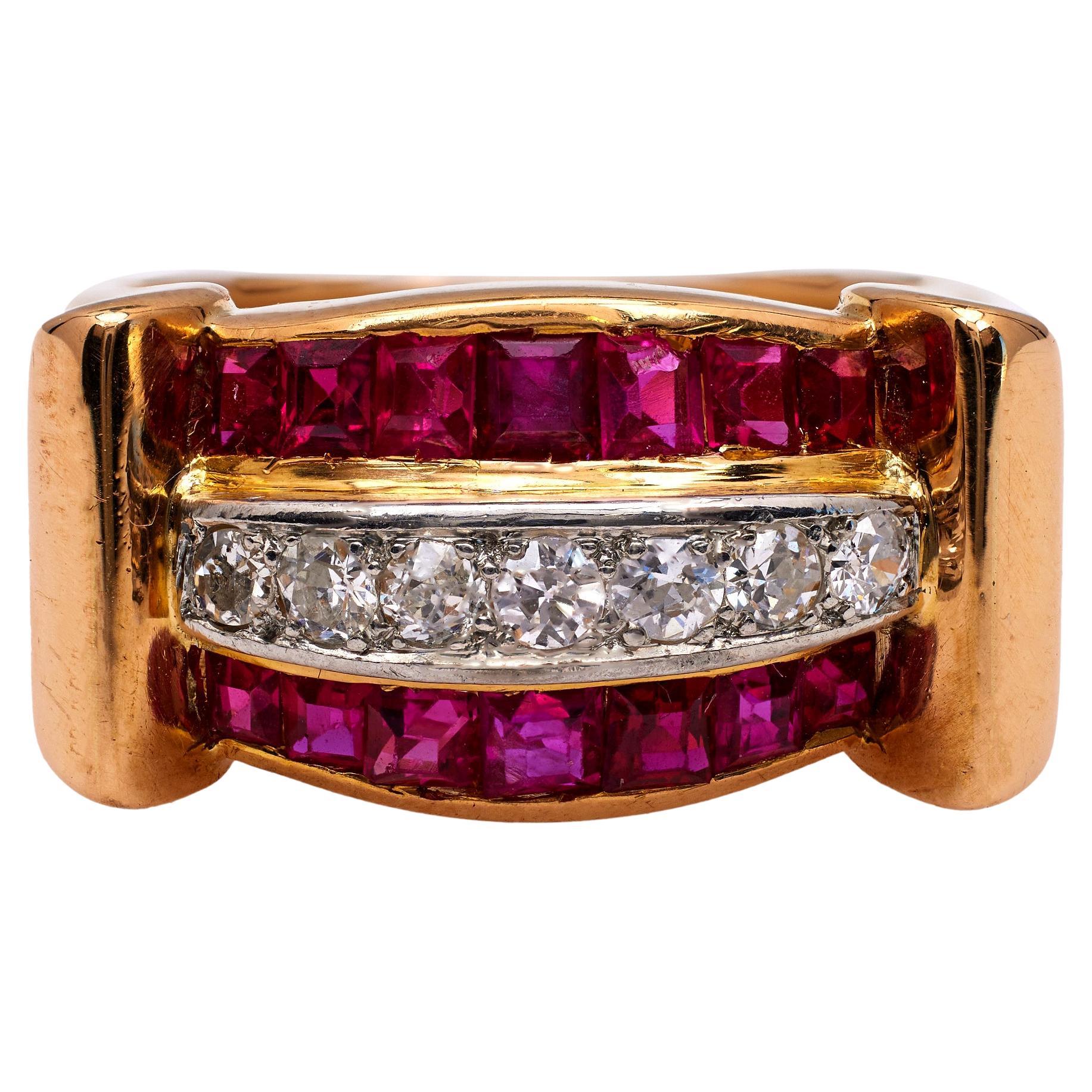 Retro French Diamond and Synthetic Ruby 18k Yellow Gold Tank Ring For Sale