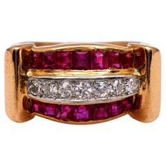 Vintage French Diamond and Synthetic Ruby 18k Yellow Gold Tank Ring